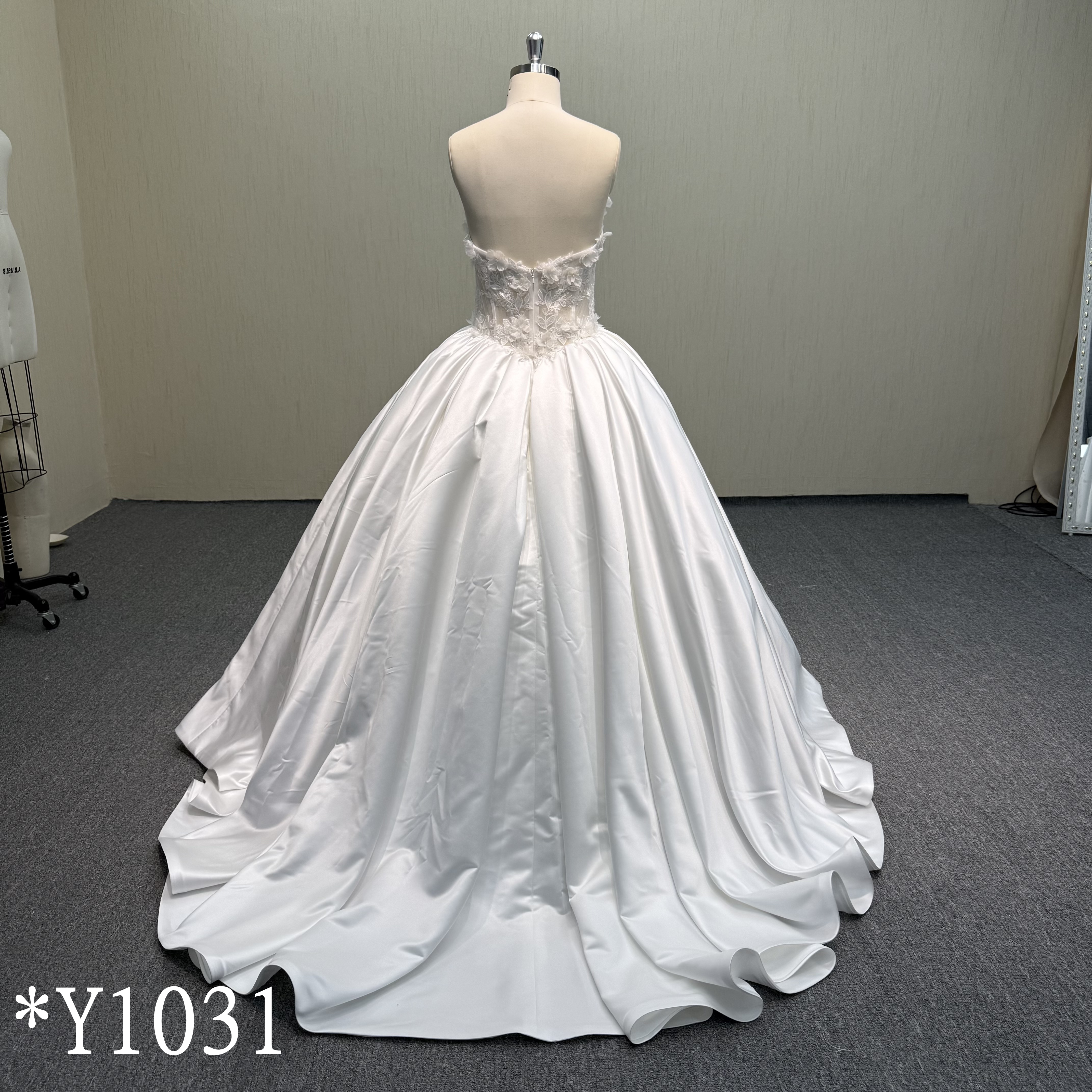 Y1031 Luxury Beaded Satin Ballgown with Sheer Draped Sleeves