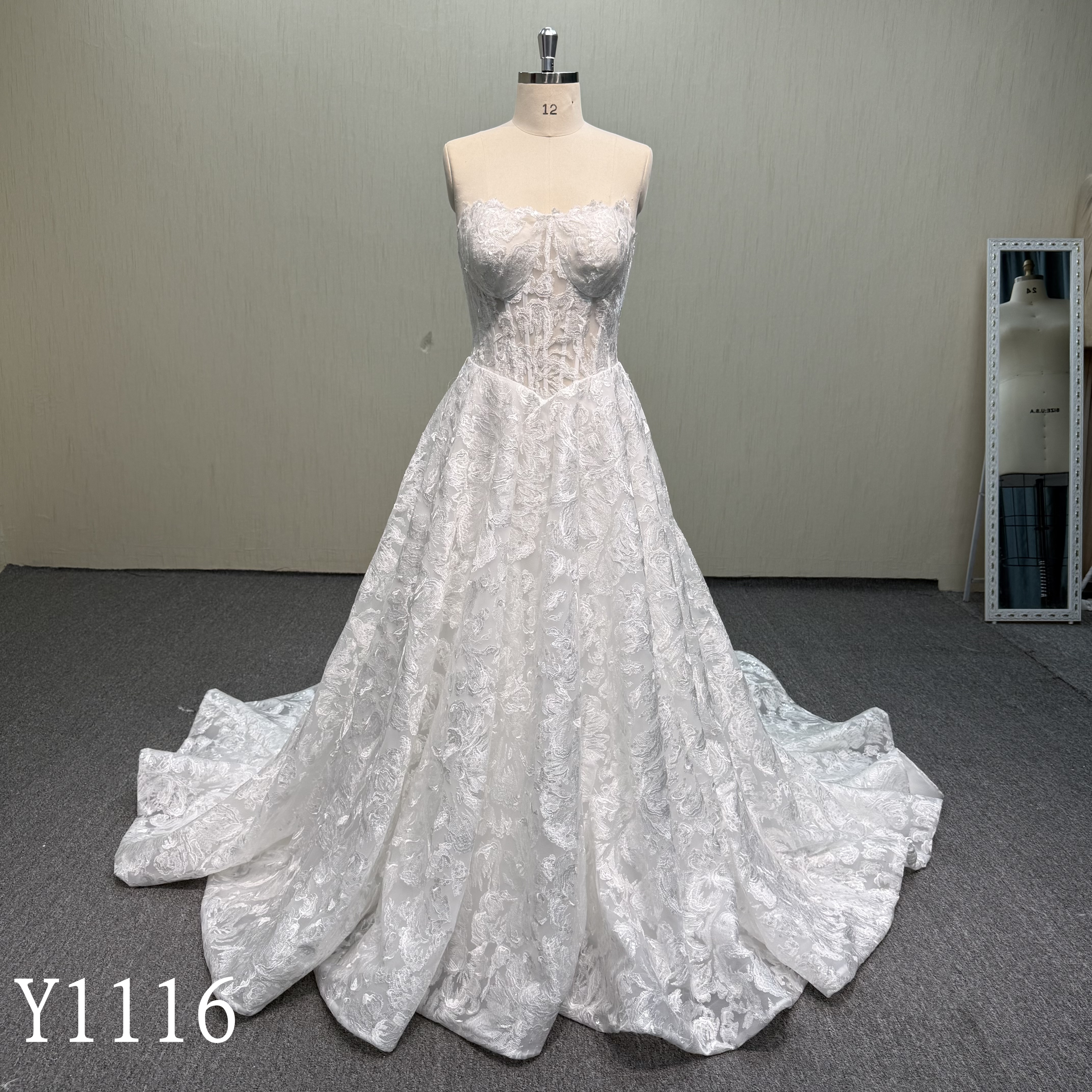 Y1156 Romantic A-Line Wedding Dress with All-Over Floral Embroidery