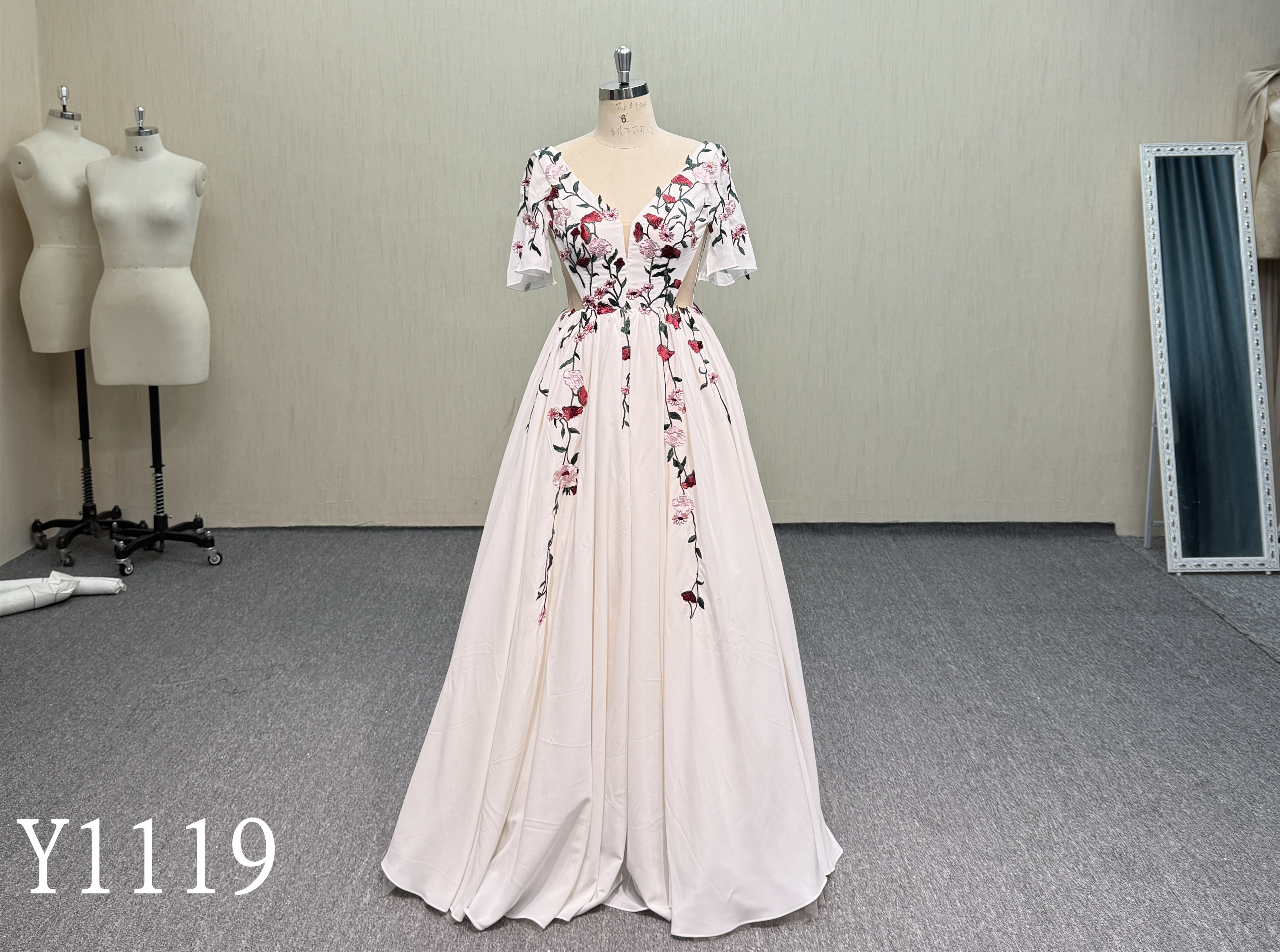 Y1119 Colourful Floral Embroidered A-Line Wedding Dress with V-Neck