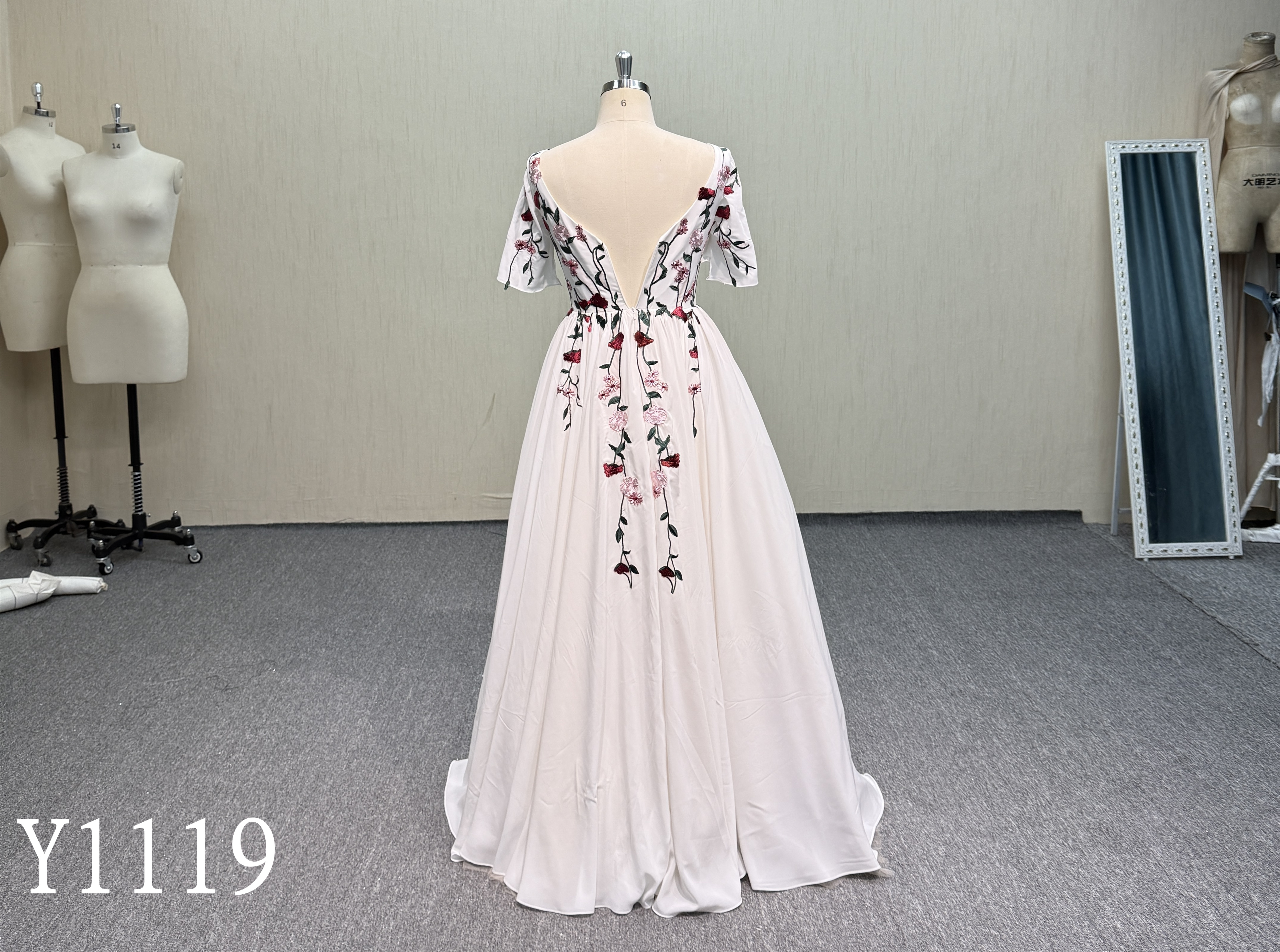 Y1119 Colourful Floral Embroidered A-Line Wedding Dress with V-Neck