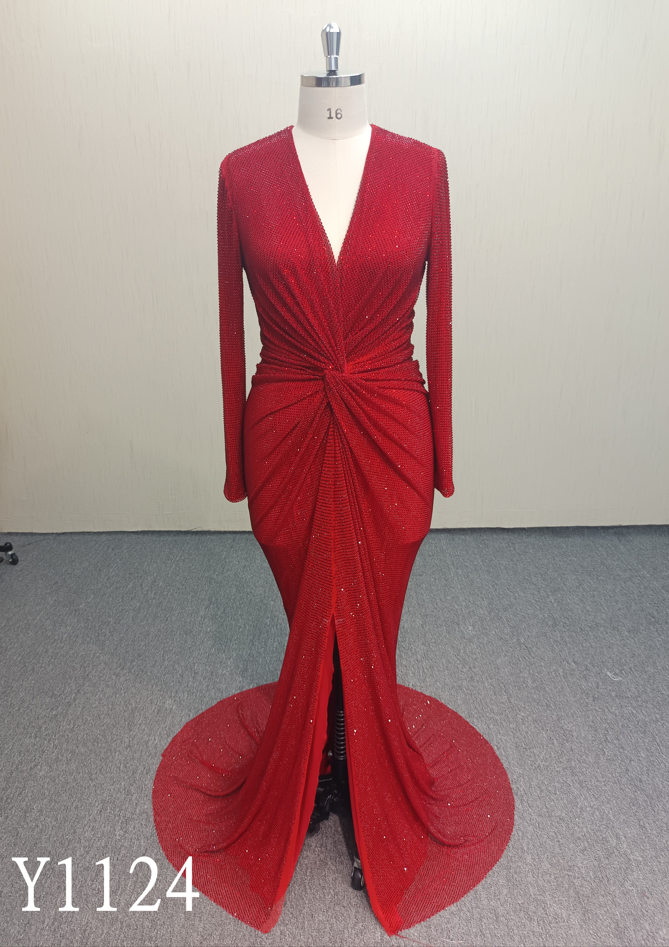 Y1124 Sparkly Red Mermaid Evening Gown with Long Sleeves and High Slit