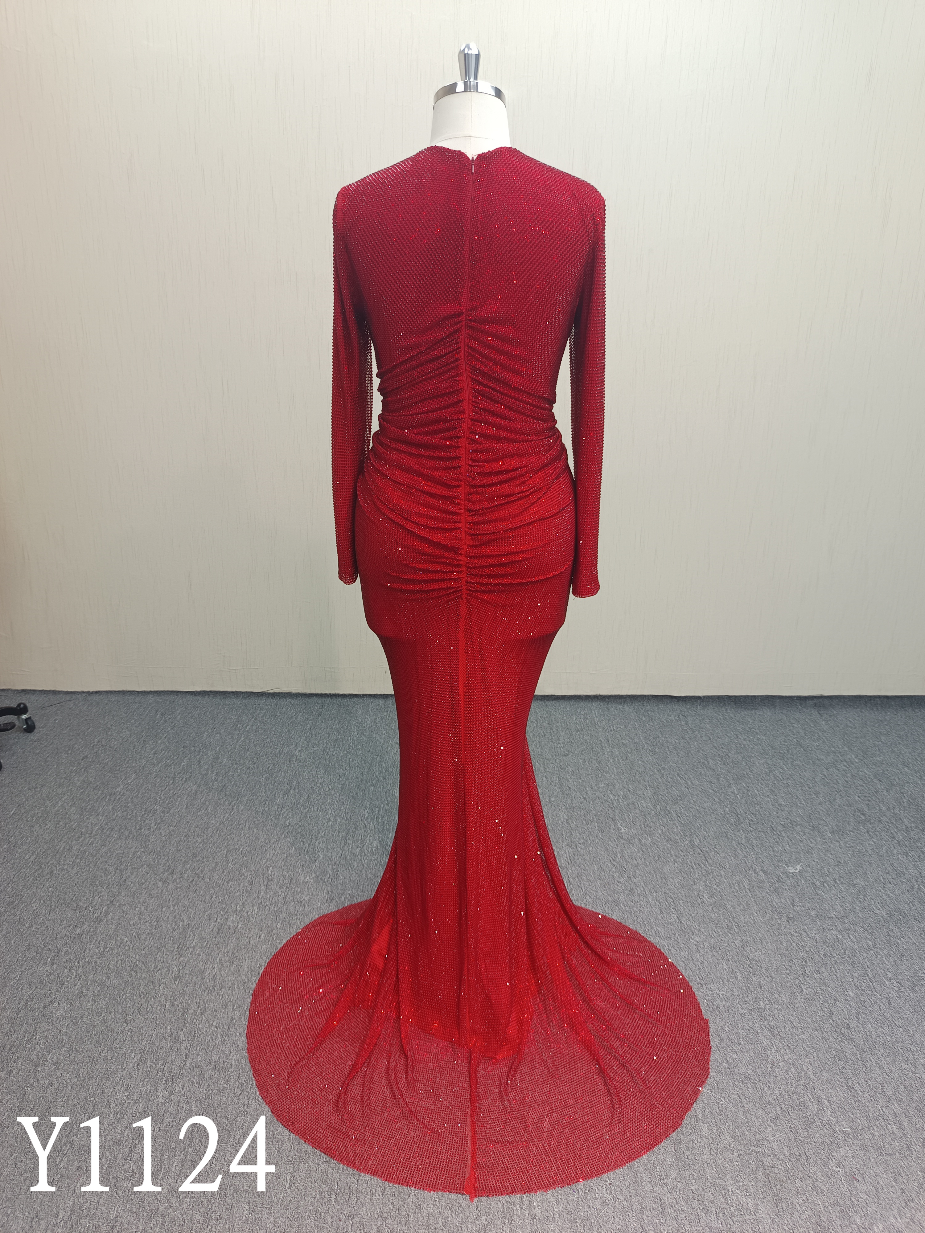 Y1124 Sparkly Red Mermaid Evening Gown with Long Sleeves and High Slit