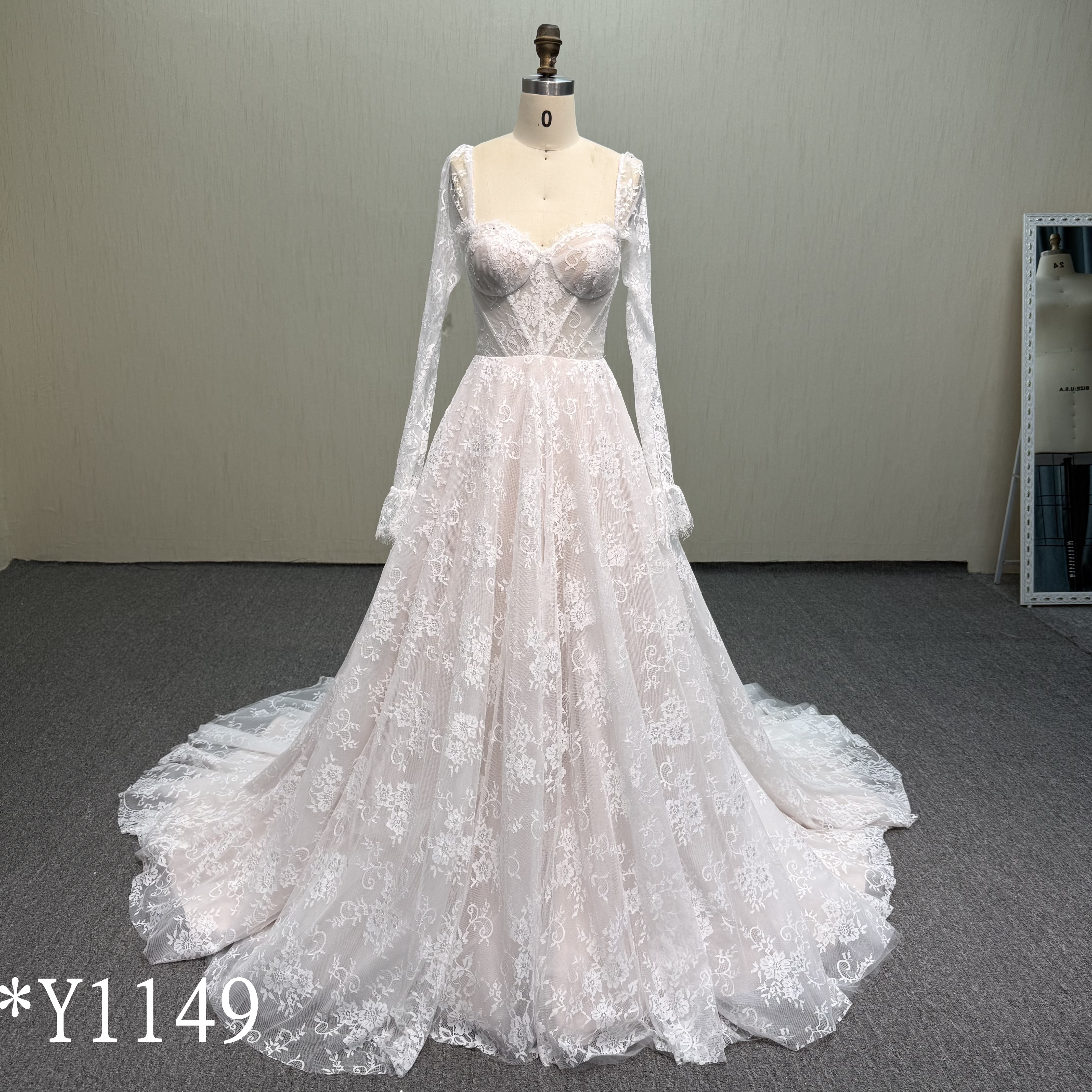 Y1149 French Lace A-Line Wedding Dress with Long Sleeves and Blush Lini