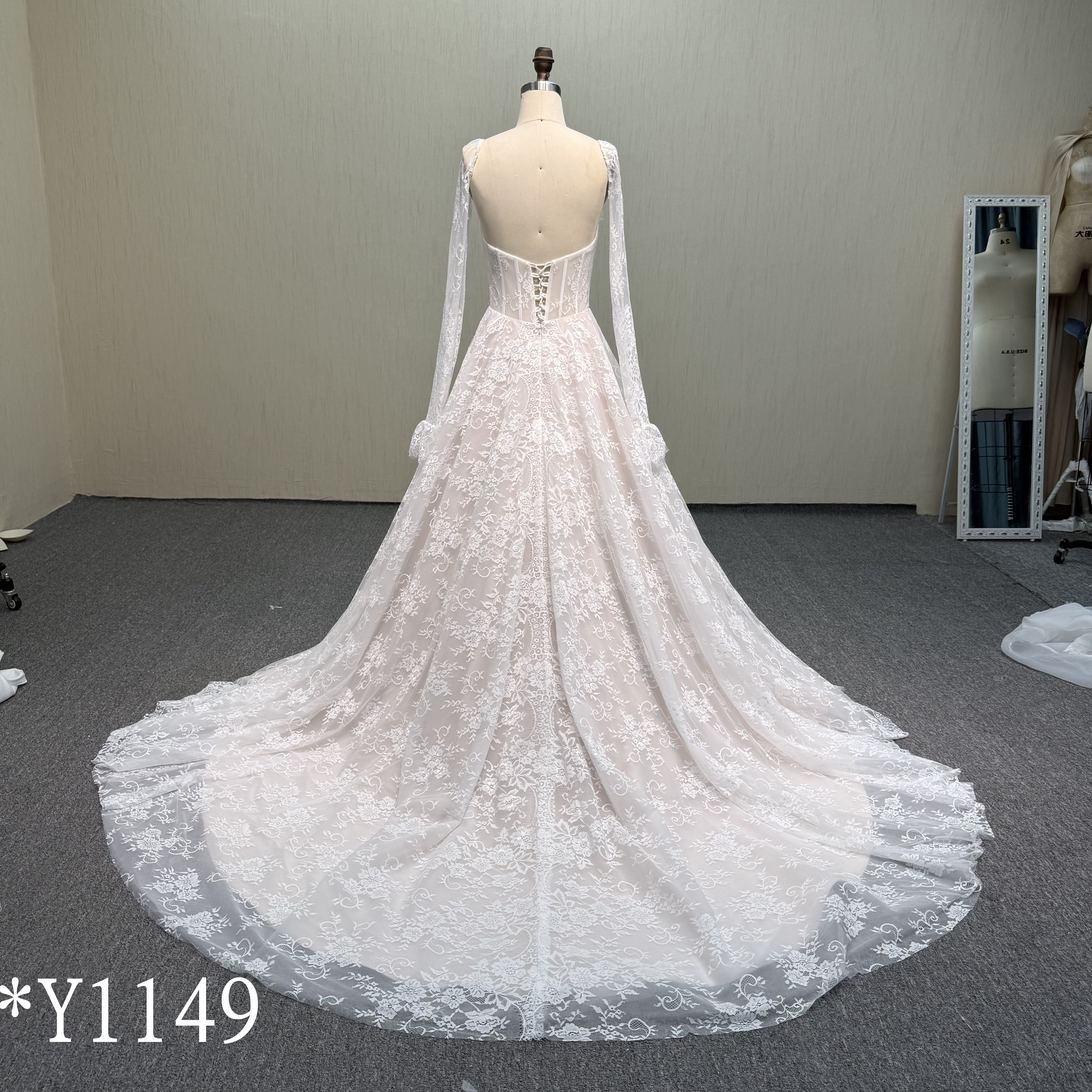 Y1149 French Lace A-Line Wedding Dress with Long Sleeves and Blush Lini