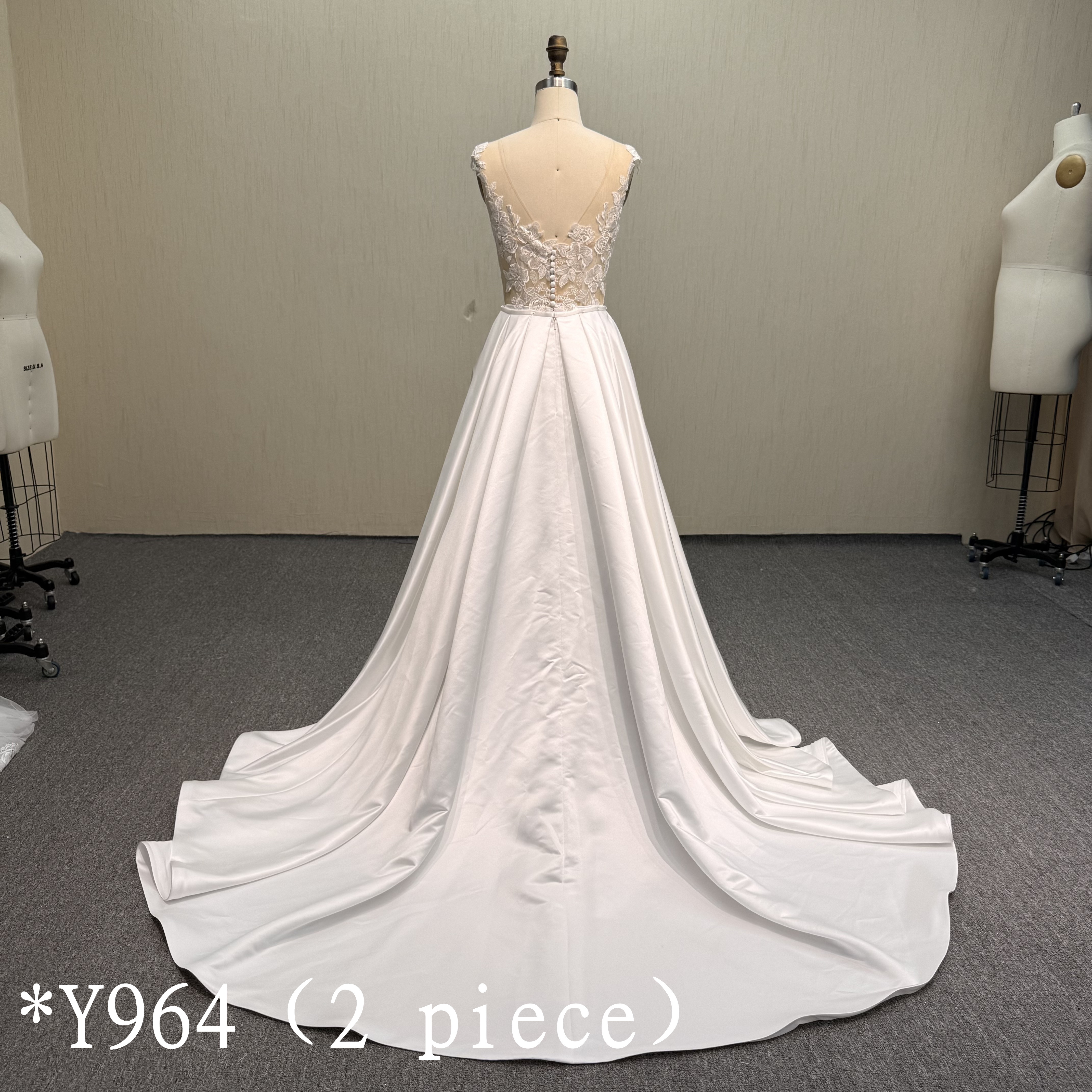 Y964 Modern Sleeveless Satin Wedding Dress with Floral Lace Appliques