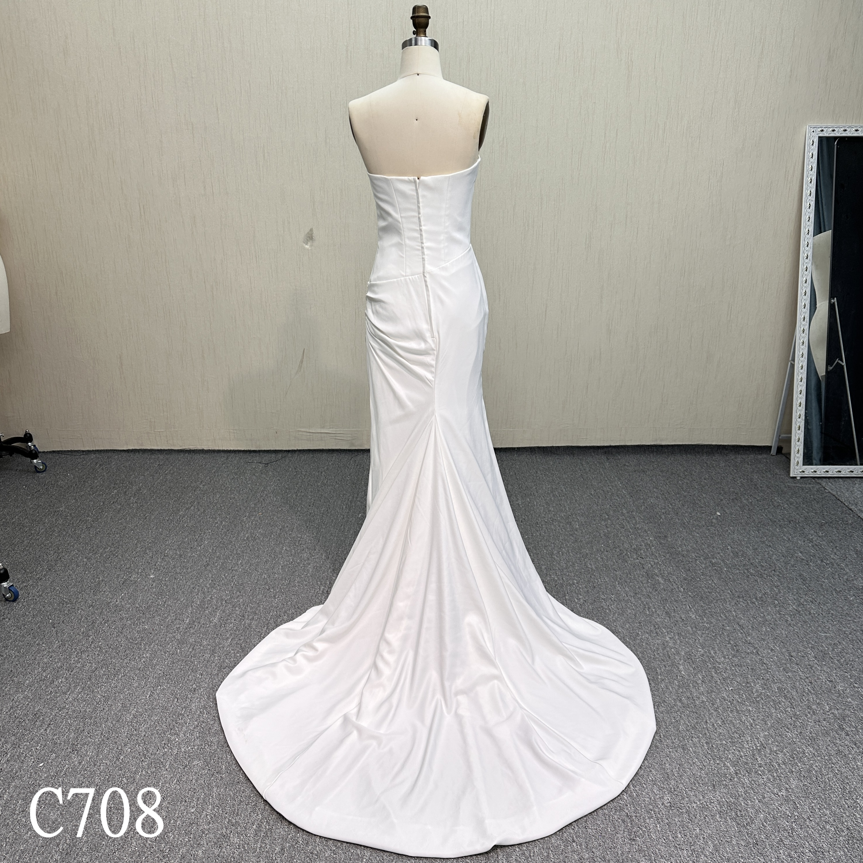 C708 Elegant off white Sheath Gown with Sweep Train and Pleats.