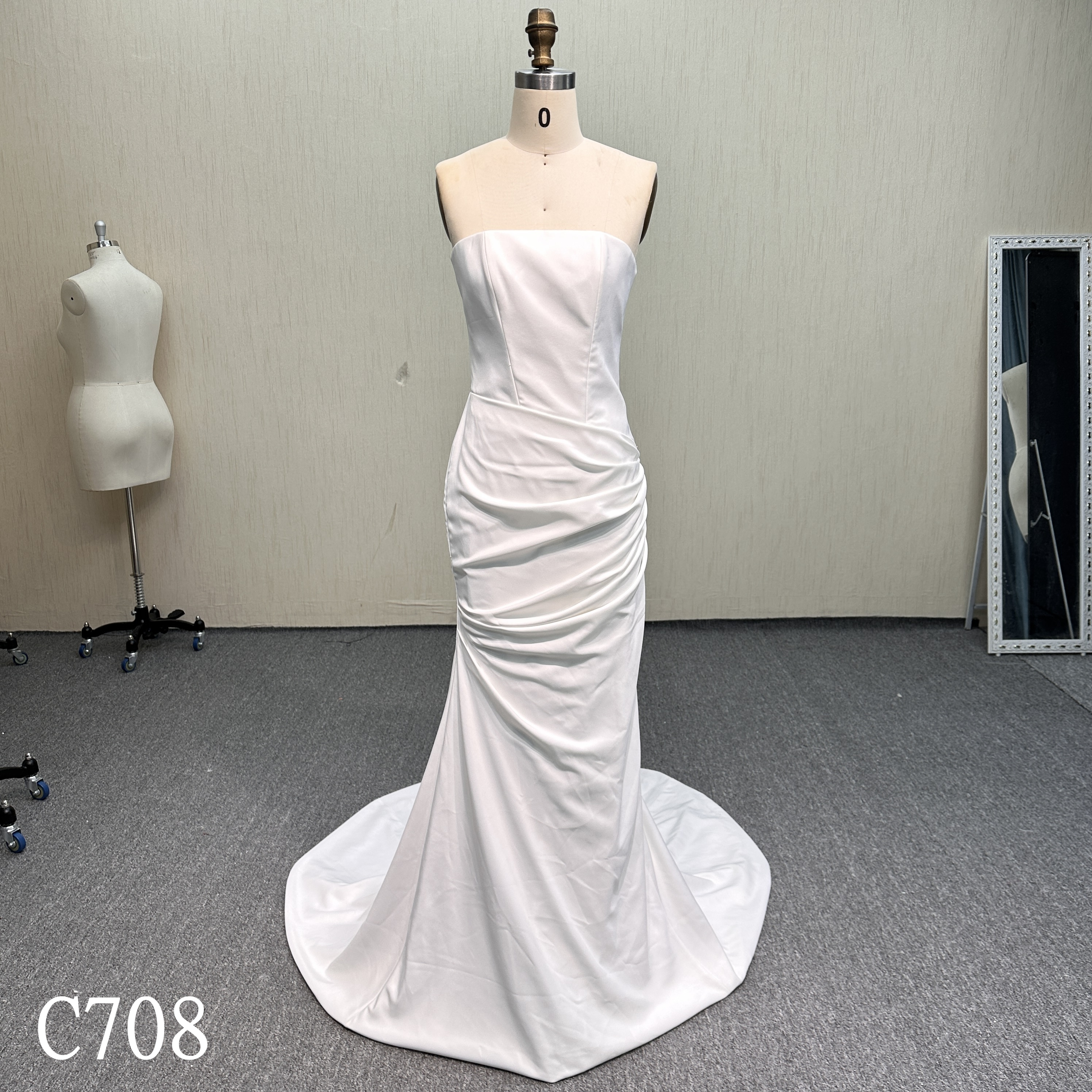 C708 Elegant off white Sheath Gown with Sweep Train and Pleats.