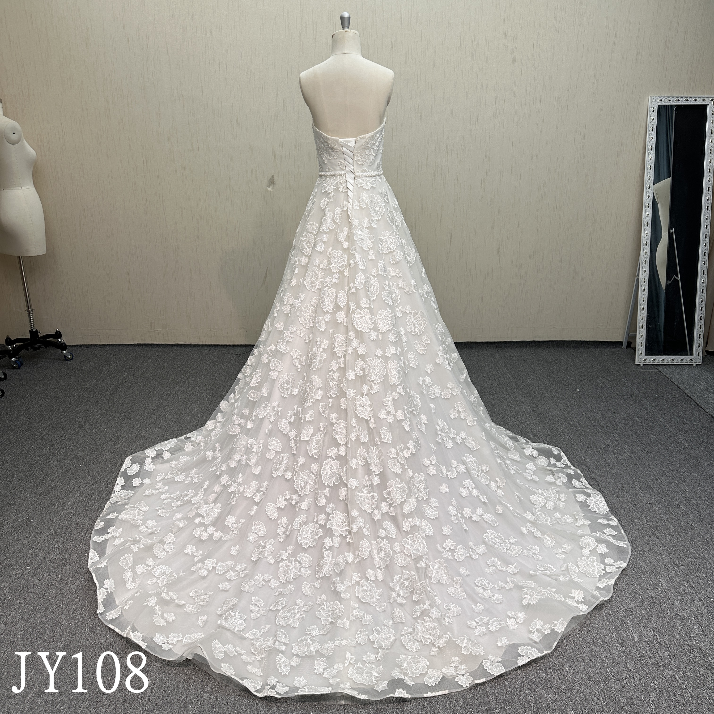 JY108 Sleeveless Lace Applique Dress with Pearl & Beaded Detail.