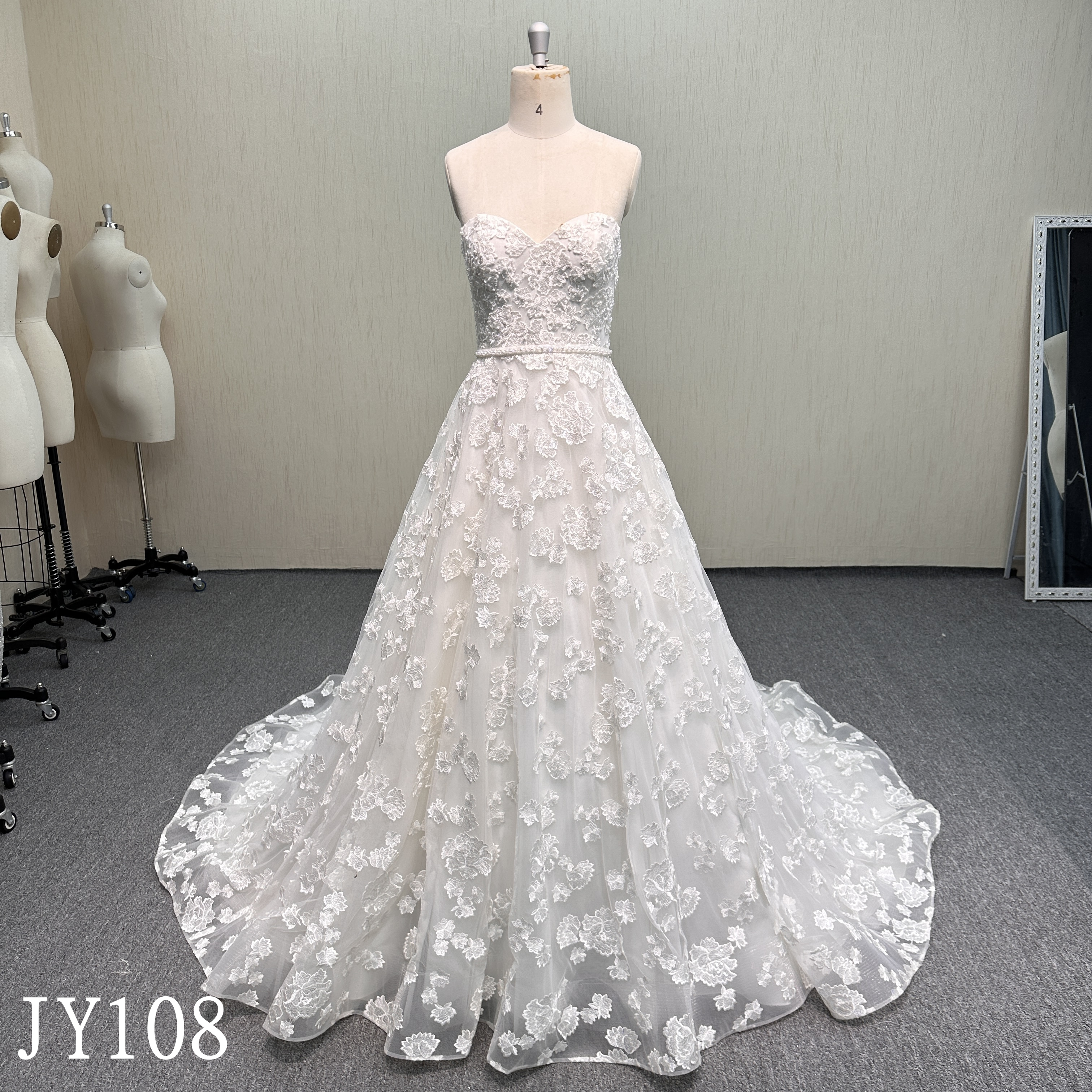 JY108 Sleeveless Lace Applique Dress with Pearl & Beaded Detail.