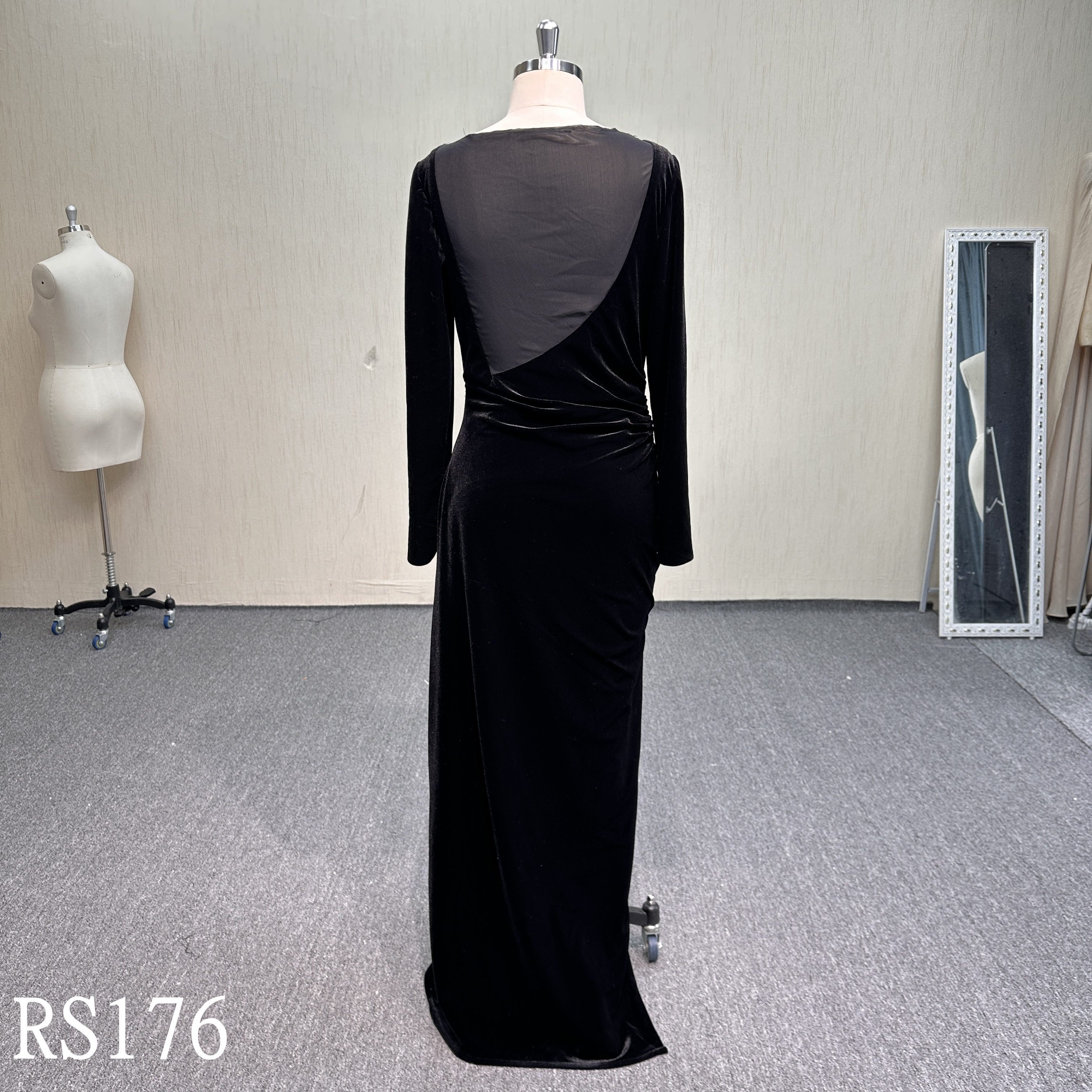 RS176 Classic Elegance: Black Velvet Bateau Neck Dress with Long Sleeves and Gathering
