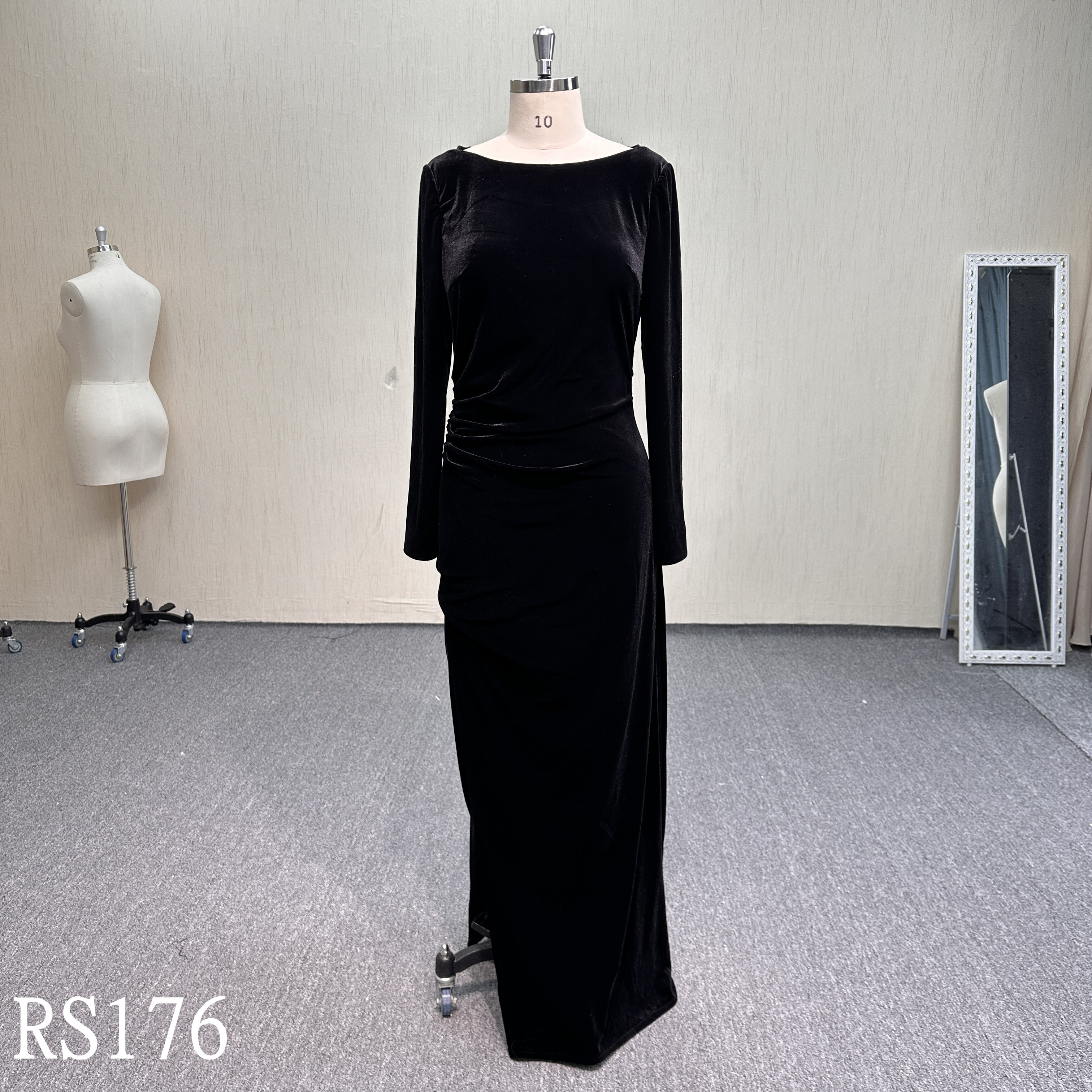RS176 Classic Elegance: Black Velvet Bateau Neck Dress with Long Sleeves and Gathering