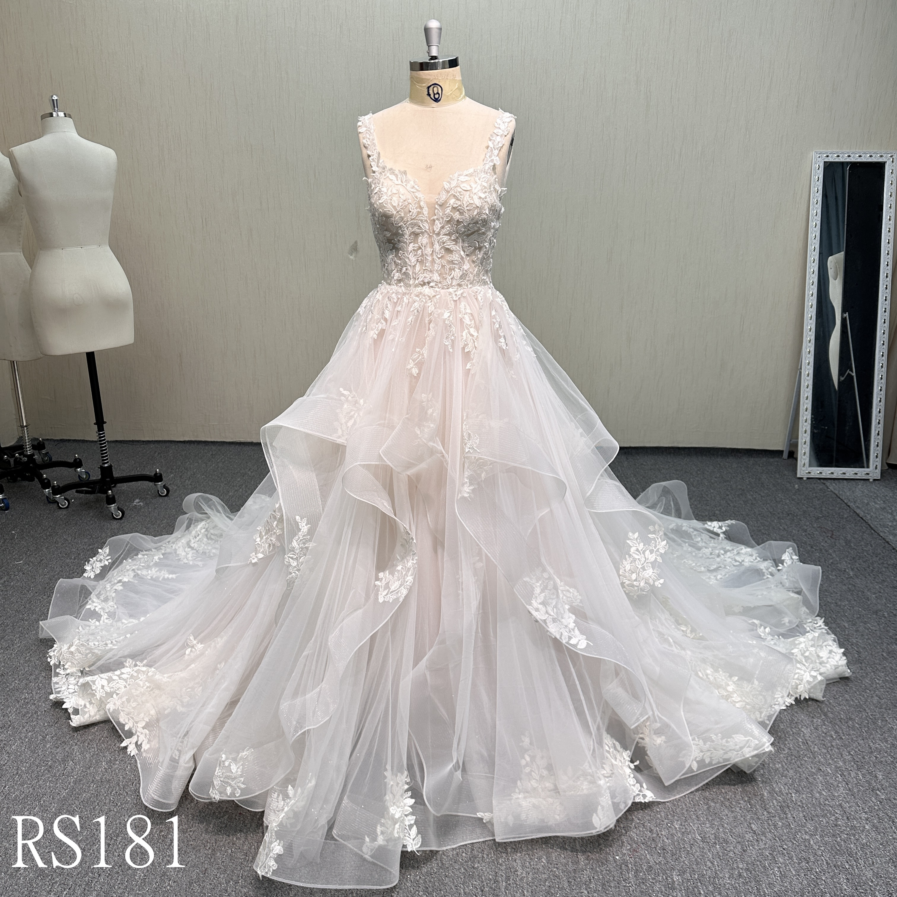 RS181 Flowy Multi-Layer Tulle Dress with Scalloped Lace Hem and Sweep Train