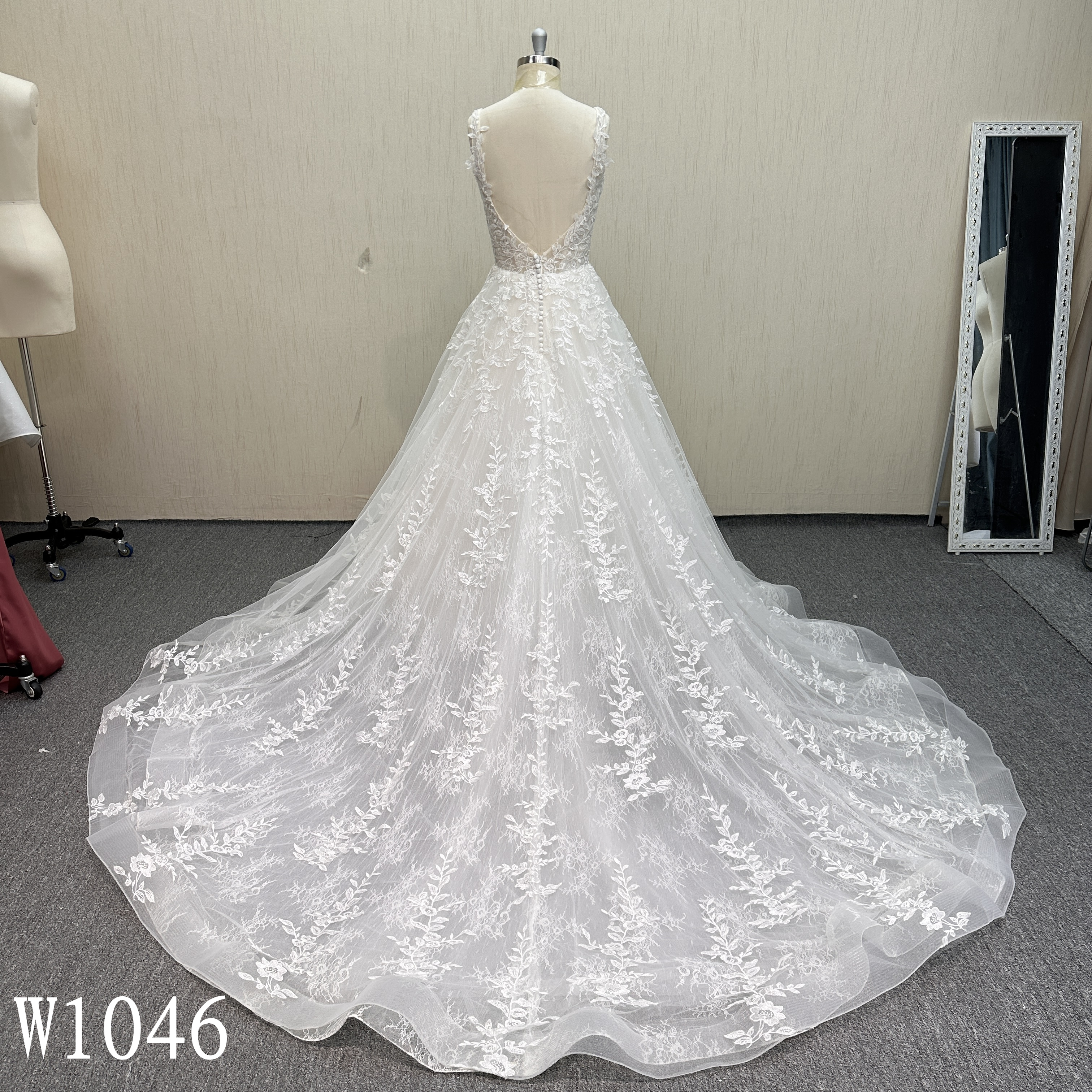W1046 Romantic Deep V-Neck Illusion Bodice Bridal Gown.