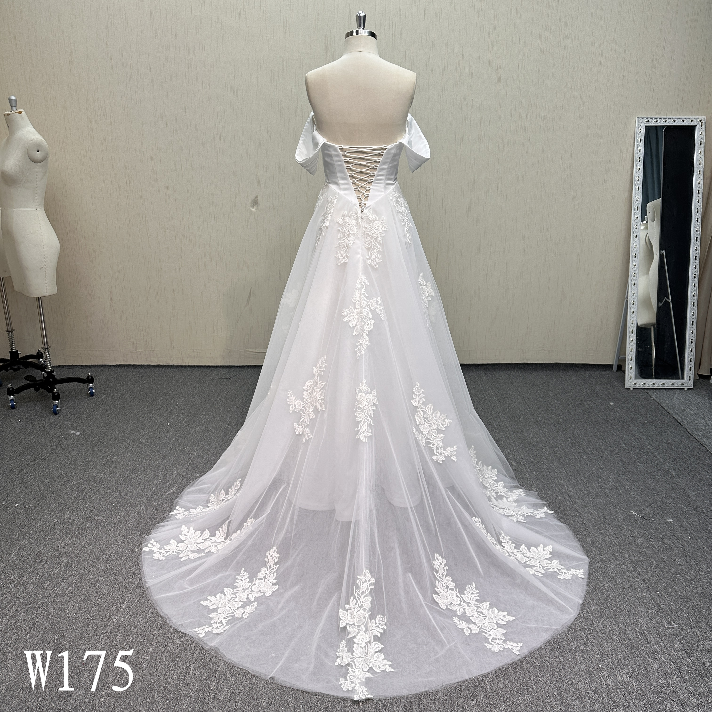 W175 Off-the-Shoulder A-Line Wedding Dress with Lace Applique.