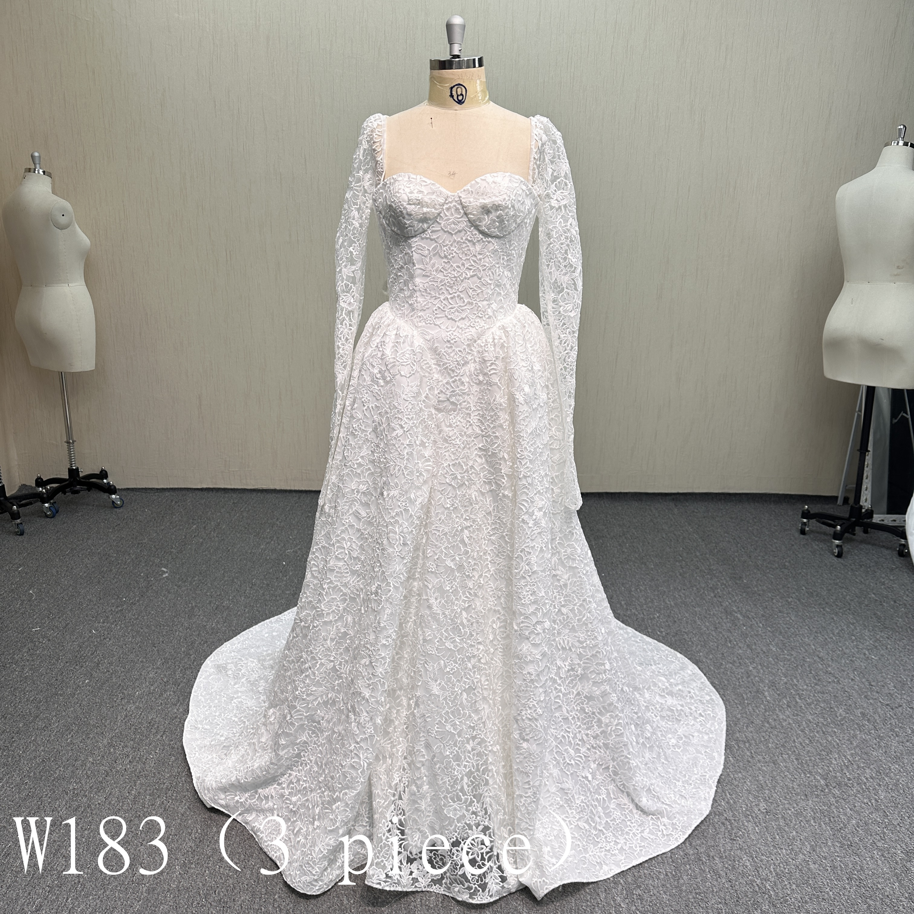 W183 Elegant 3-Piece Sweetheart Lace A-Line Wedding Dress.