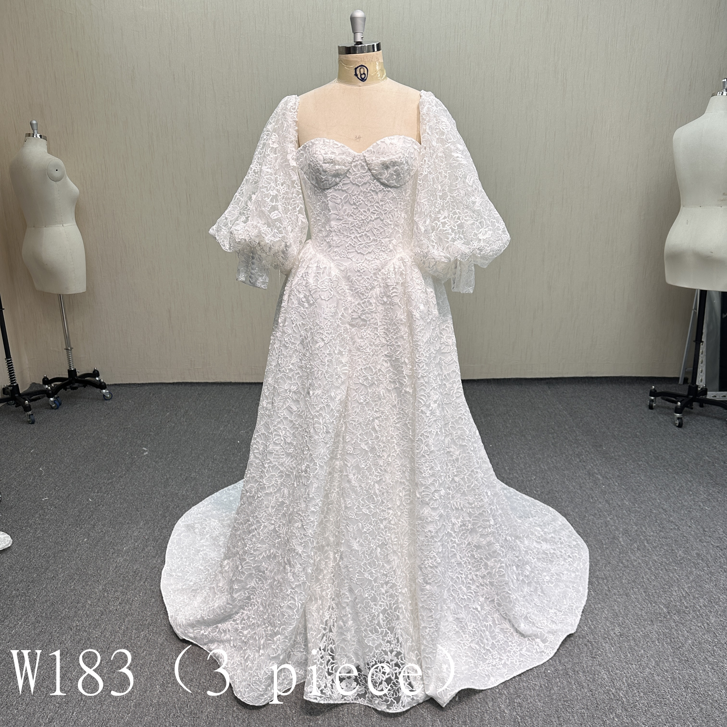 W183 Elegant 3-Piece Sweetheart Lace A-Line Wedding Dress.