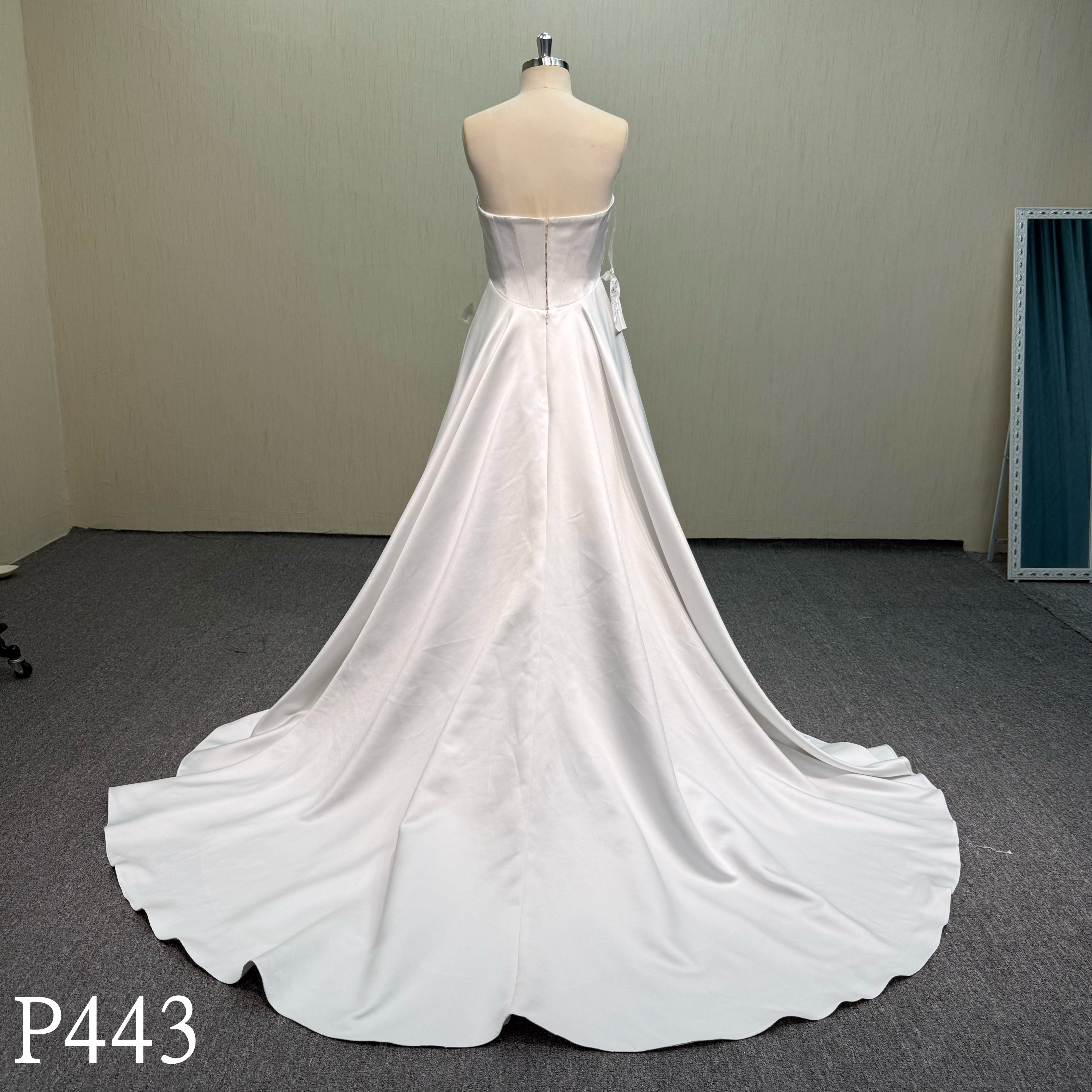 P443 Classic V-Waist Pleated Satin Gown with Sweep Train.
