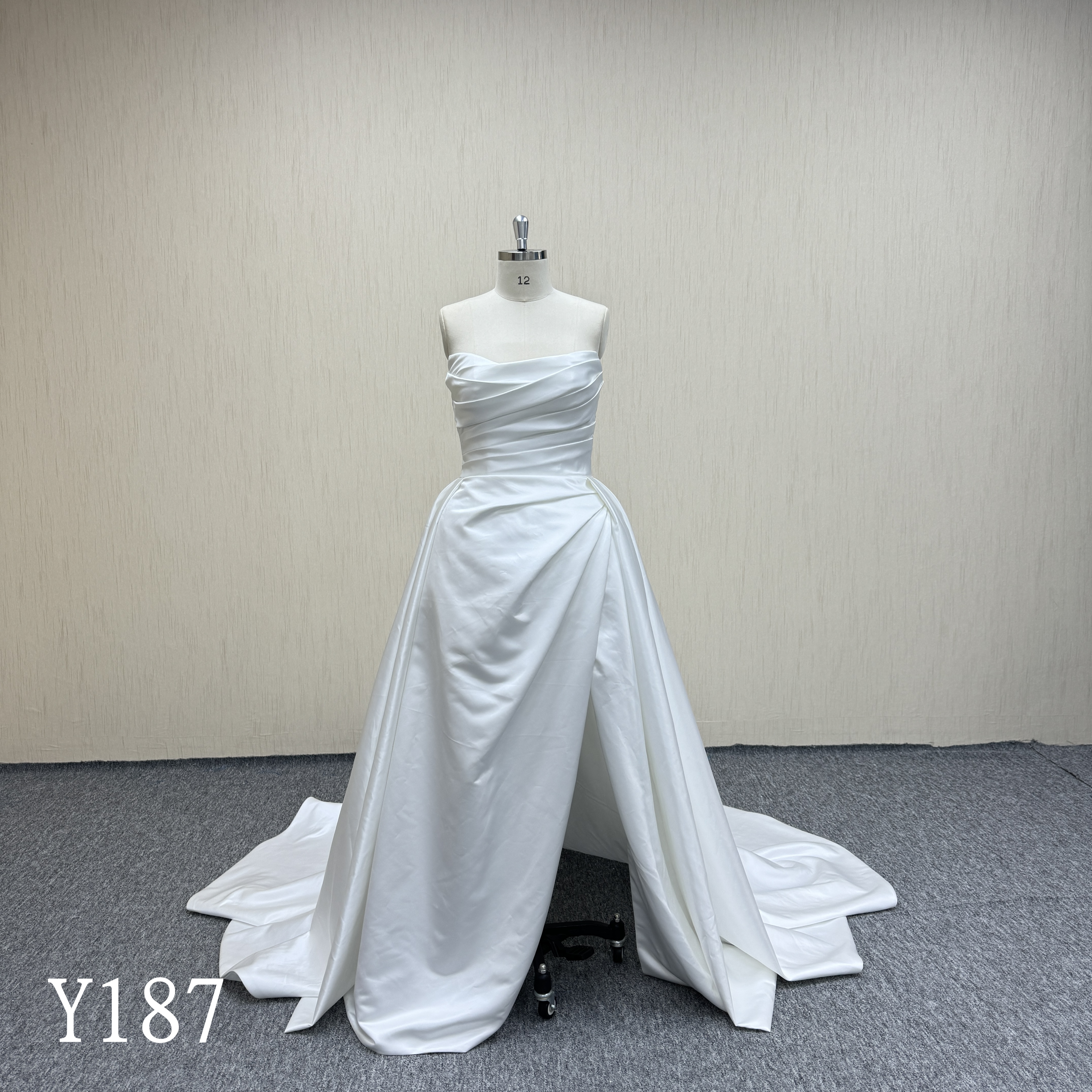 Y187 Flattering Button Back Satin Dress with Sweep Train.