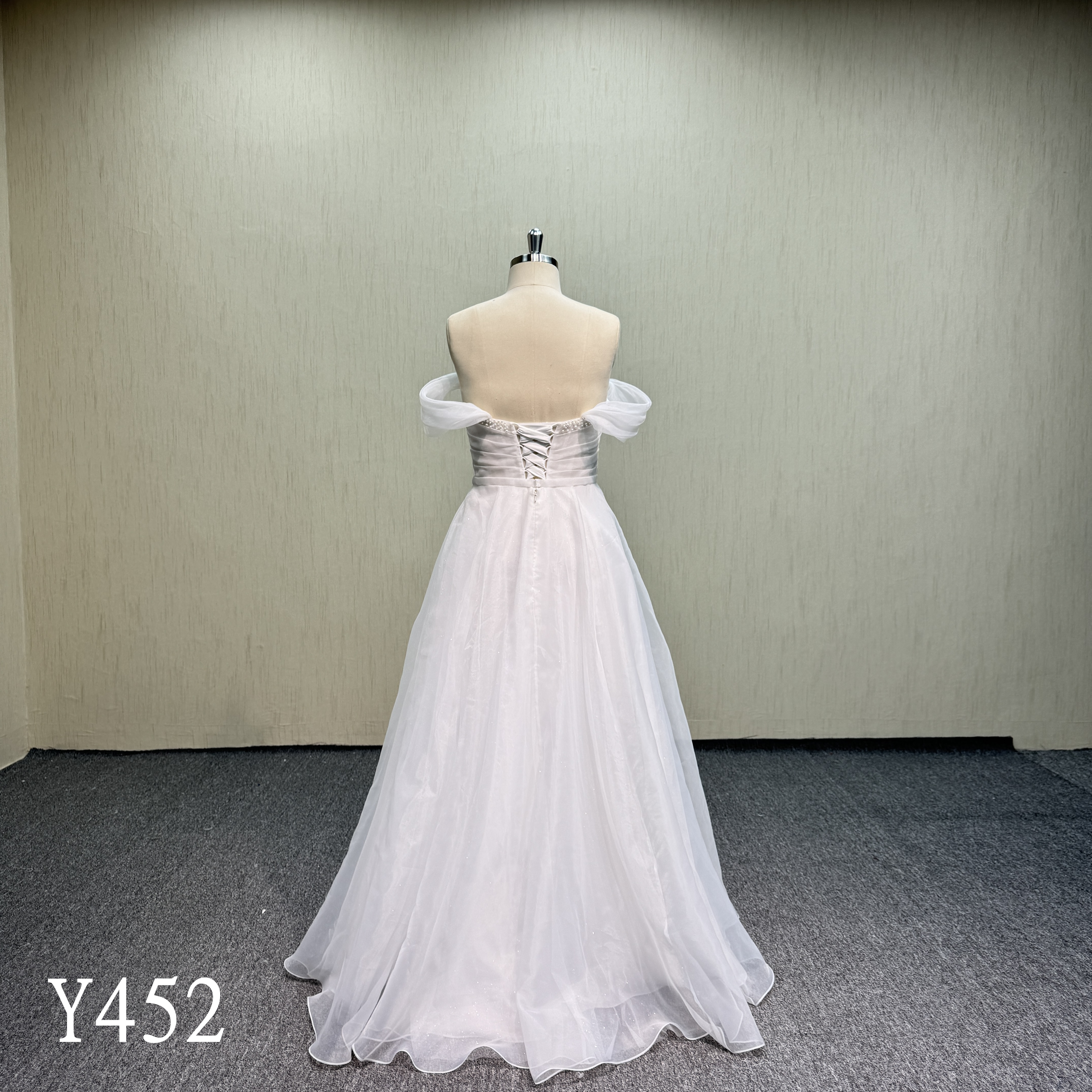 Y452 Ethereal A-Line Tulle Gown with Pearl-Beaded Trim, Sheer Ruched Bodice, and Billowy Draped Sleeves
