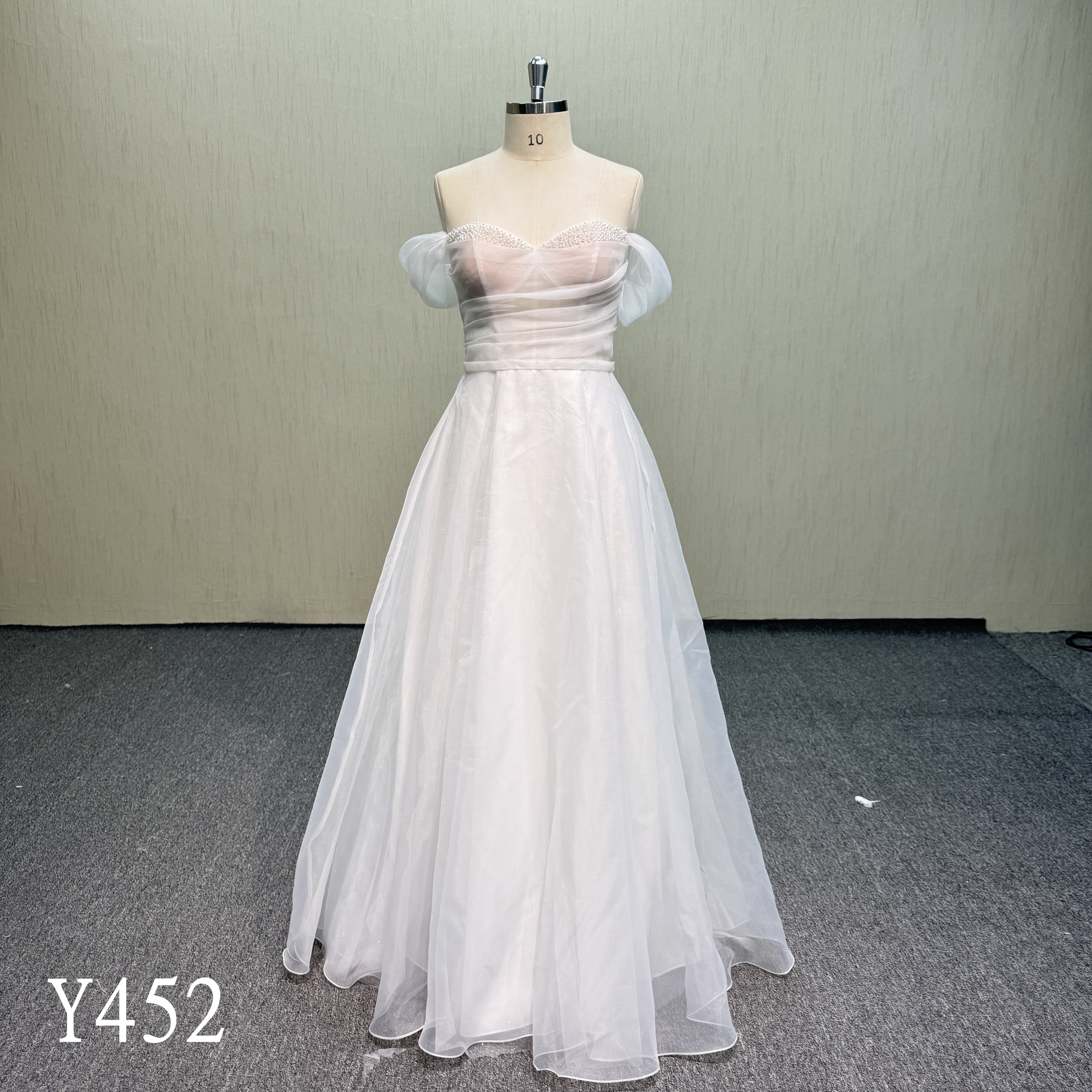 Y452 Ethereal A-Line Tulle Gown with Pearl-Beaded Trim, Sheer Ruched Bodice, and Billowy Draped Sleeves