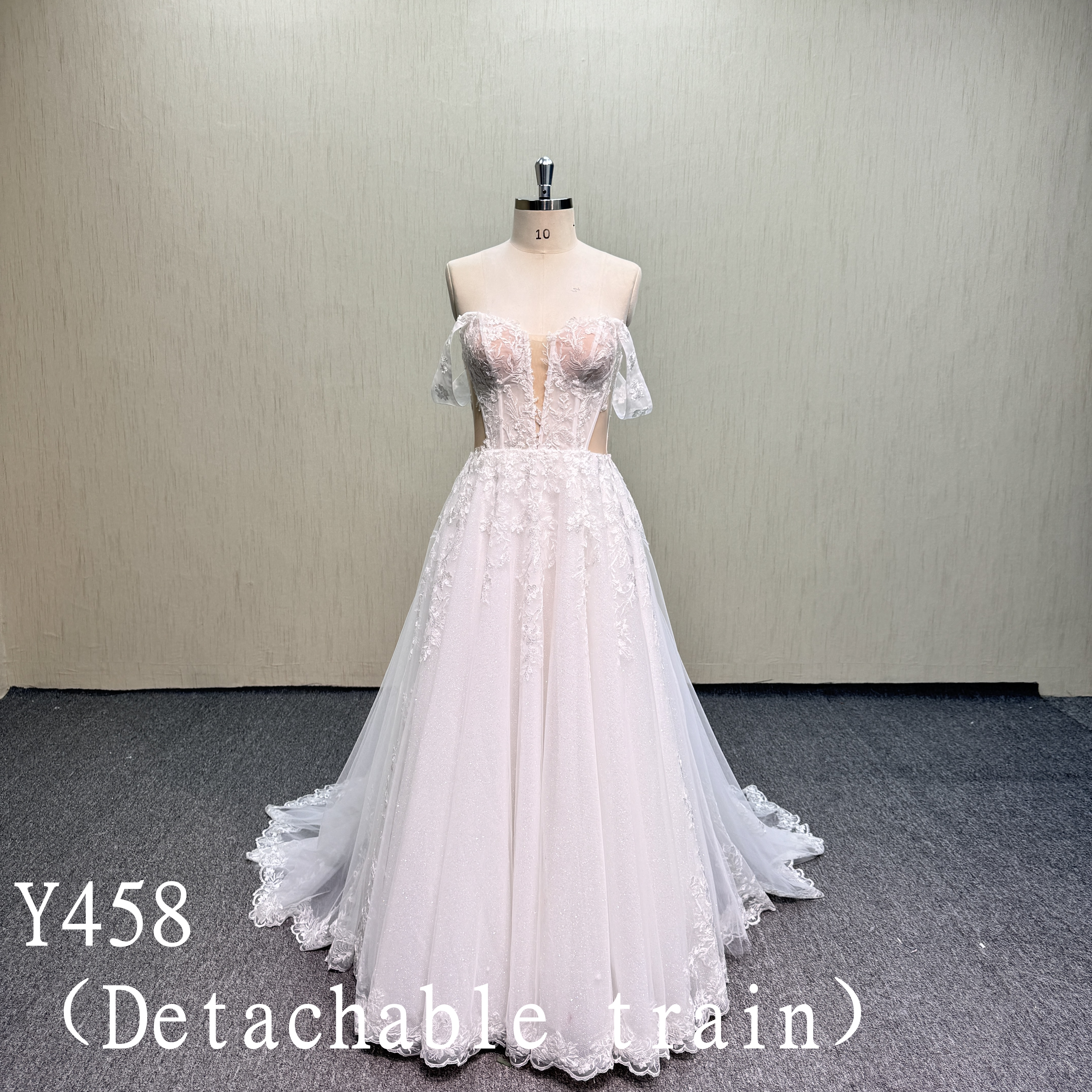 Y458 Dreamy A-Line Bridal Gown with Floral Lace Motifs, Illusion Corset Bodice, Detachable Sleeves and Detachable Train