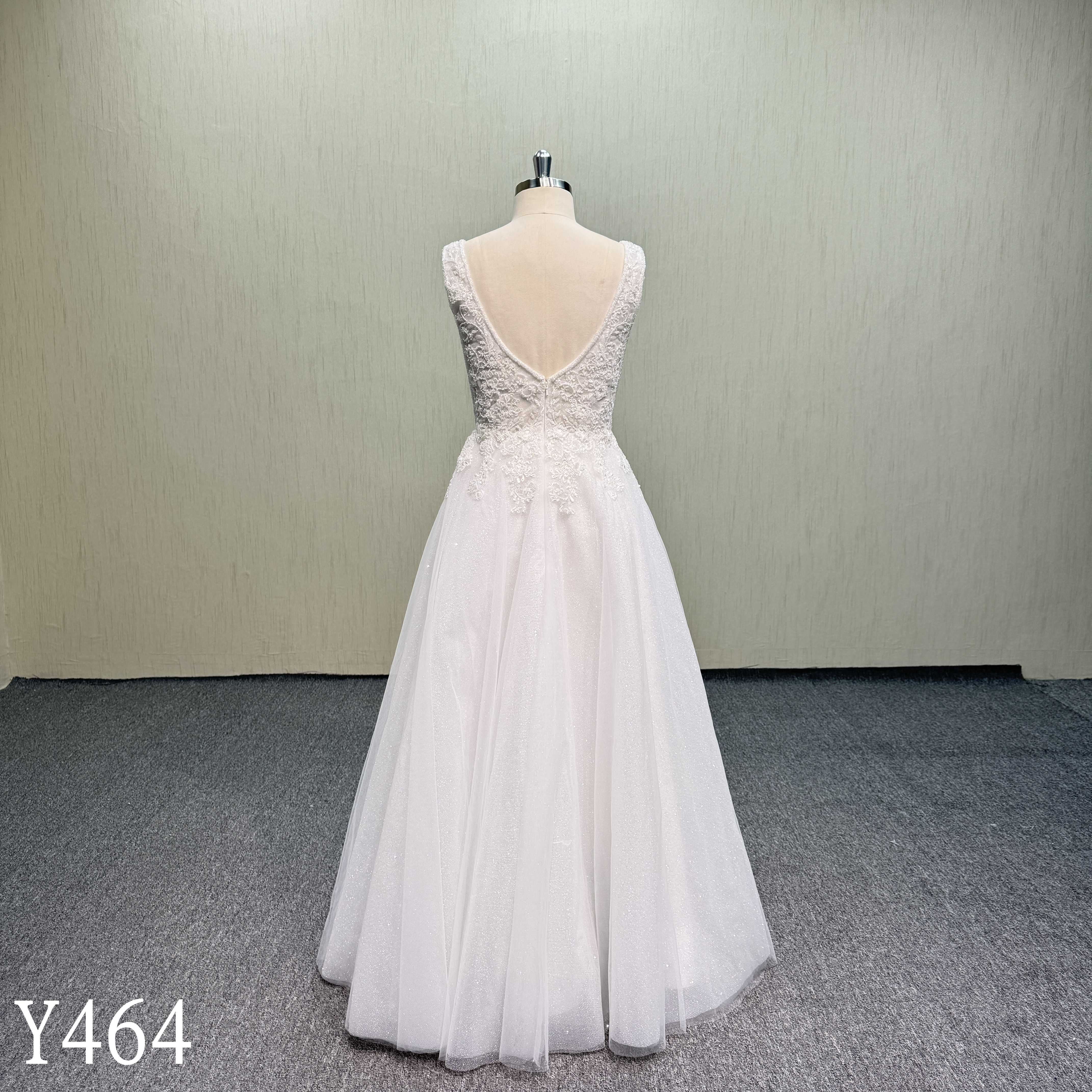 Y464 Sleeveless Plunging V-Neck Bridal Gown with Embroidered Lace Bodice and Floor-Length Shimmer Tulle Skirt (No Train)