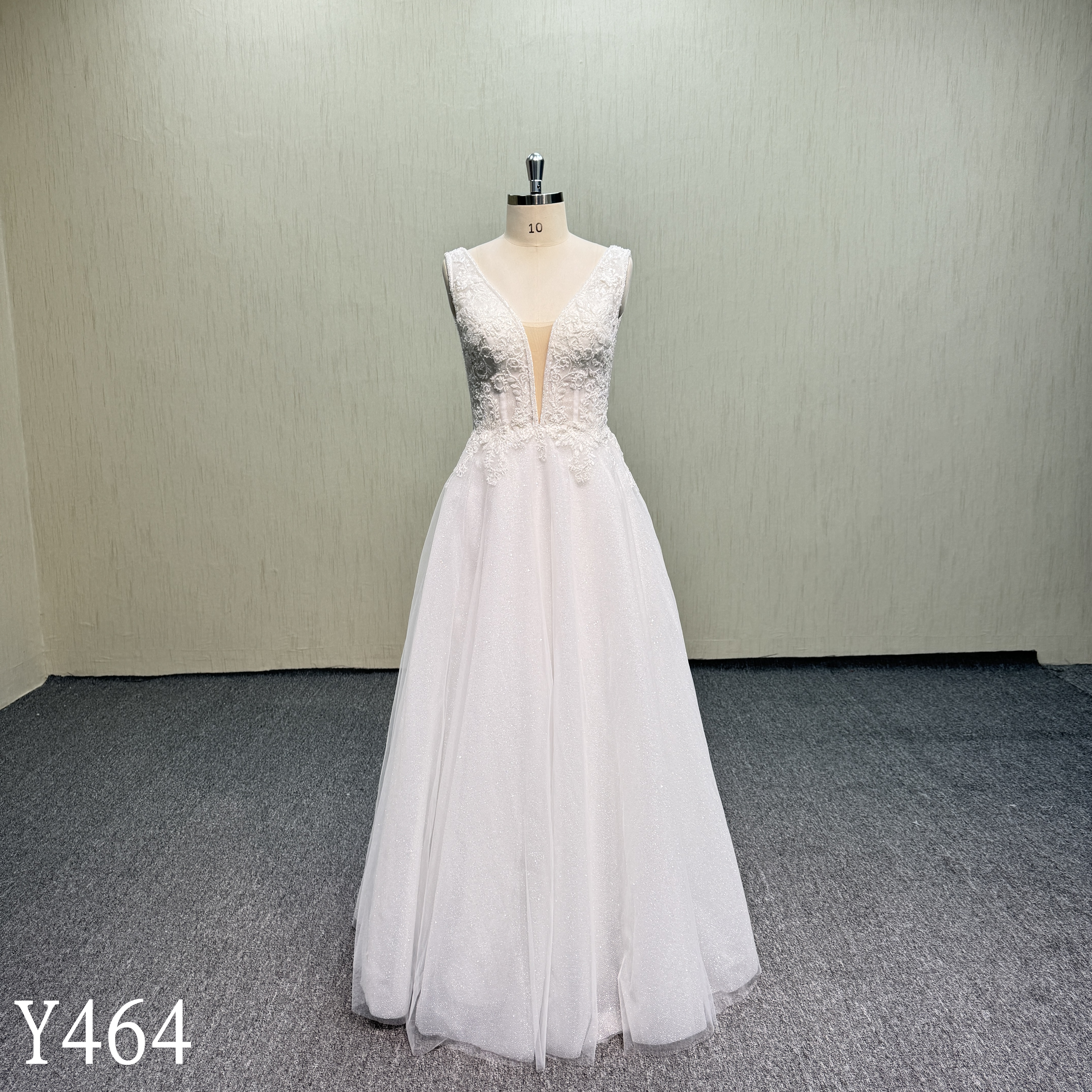 Y464 Sleeveless Plunging V-Neck Bridal Gown with Embroidered Lace Bodice and Floor-Length Shimmer Tulle Skirt (No Train)