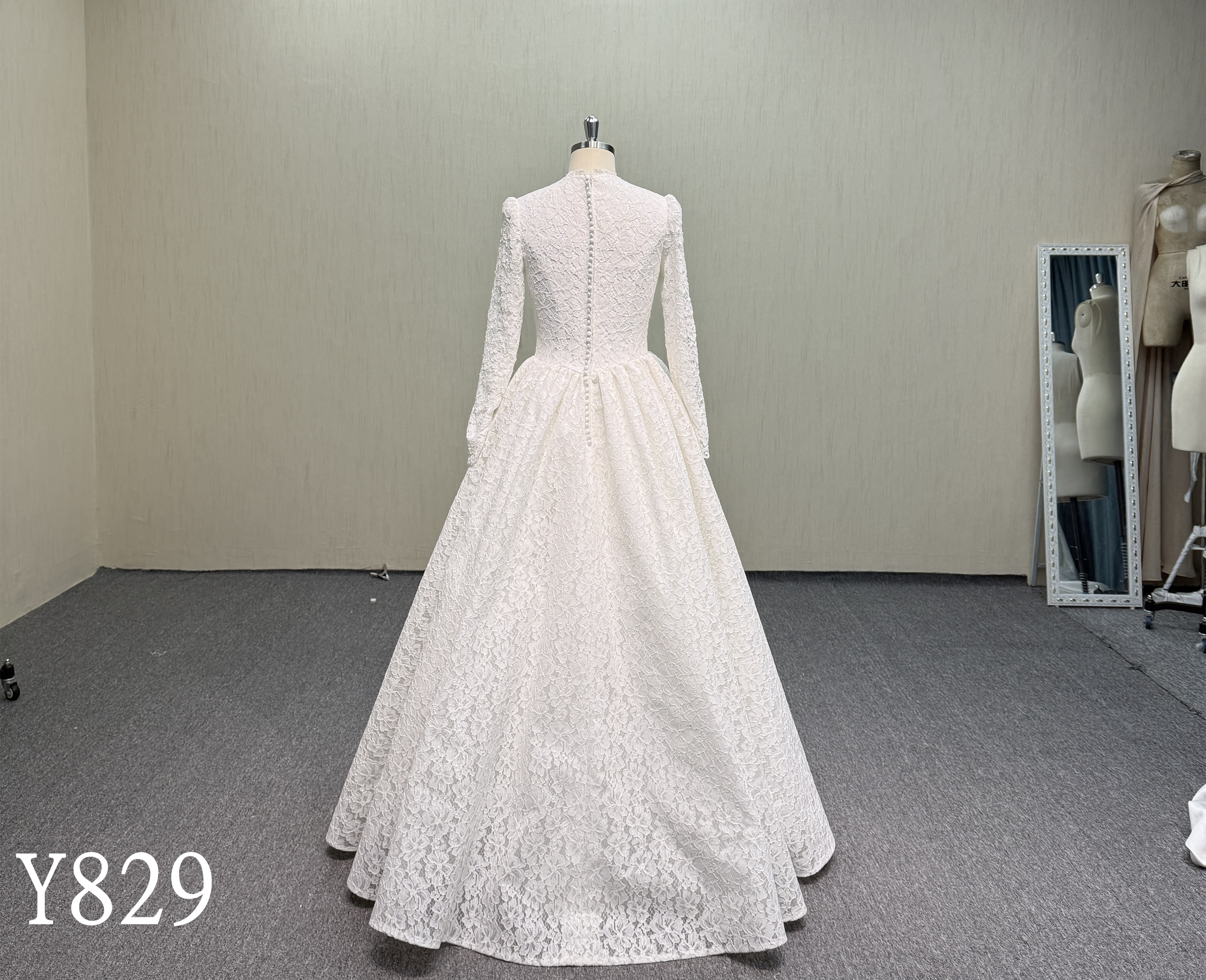Y829 Modest Muslim Wedding Dress with High Mock Neck, Long Puff Sleeves, Full Lace Overlay, and Button-Down Back
