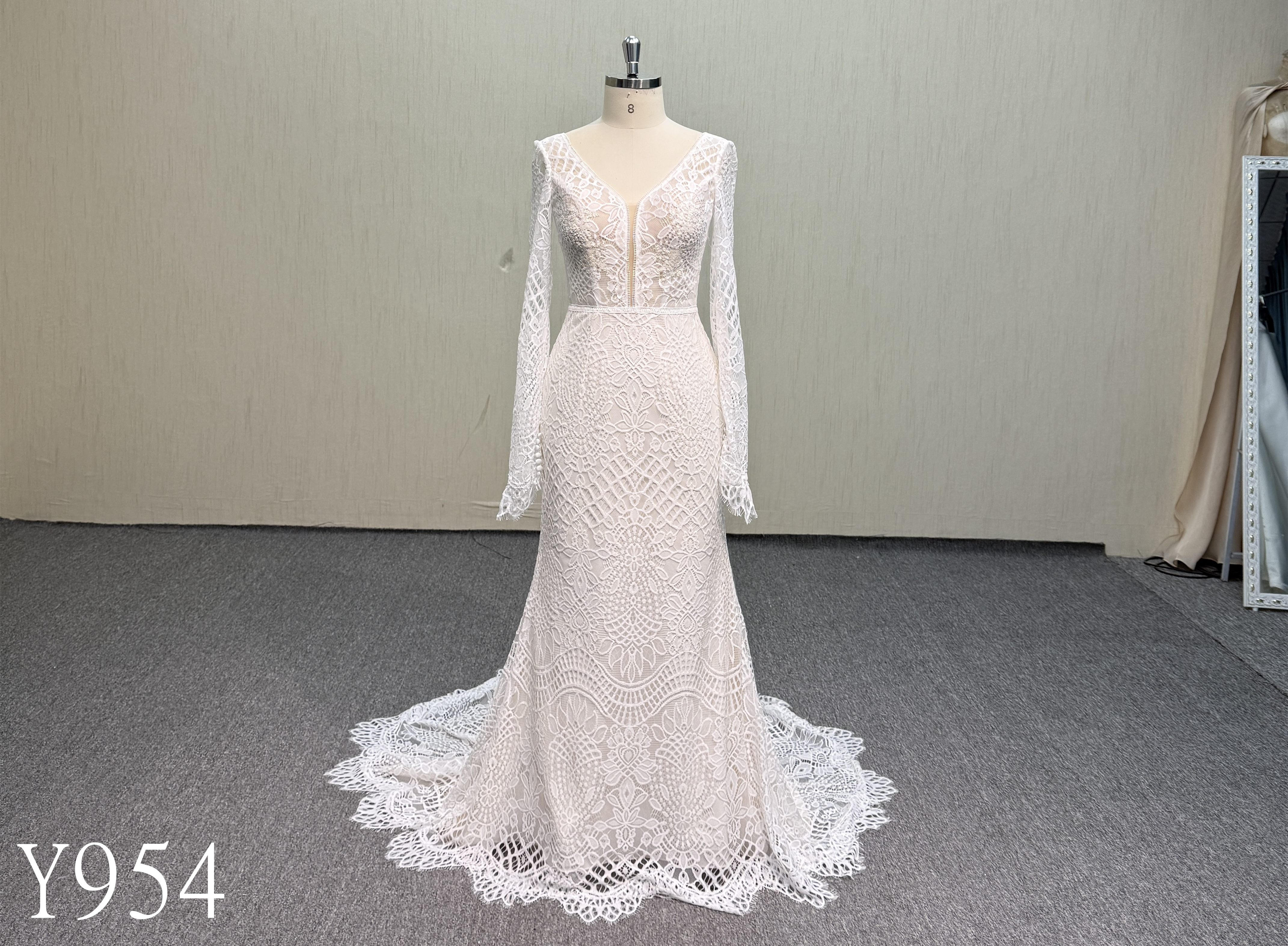 Y954 Bohemian V-Neck Wedding Dress with Sheer Long Sleeves, Allover Geometric Lace, Fit-and-Flare Silhouette and Scalloped Train