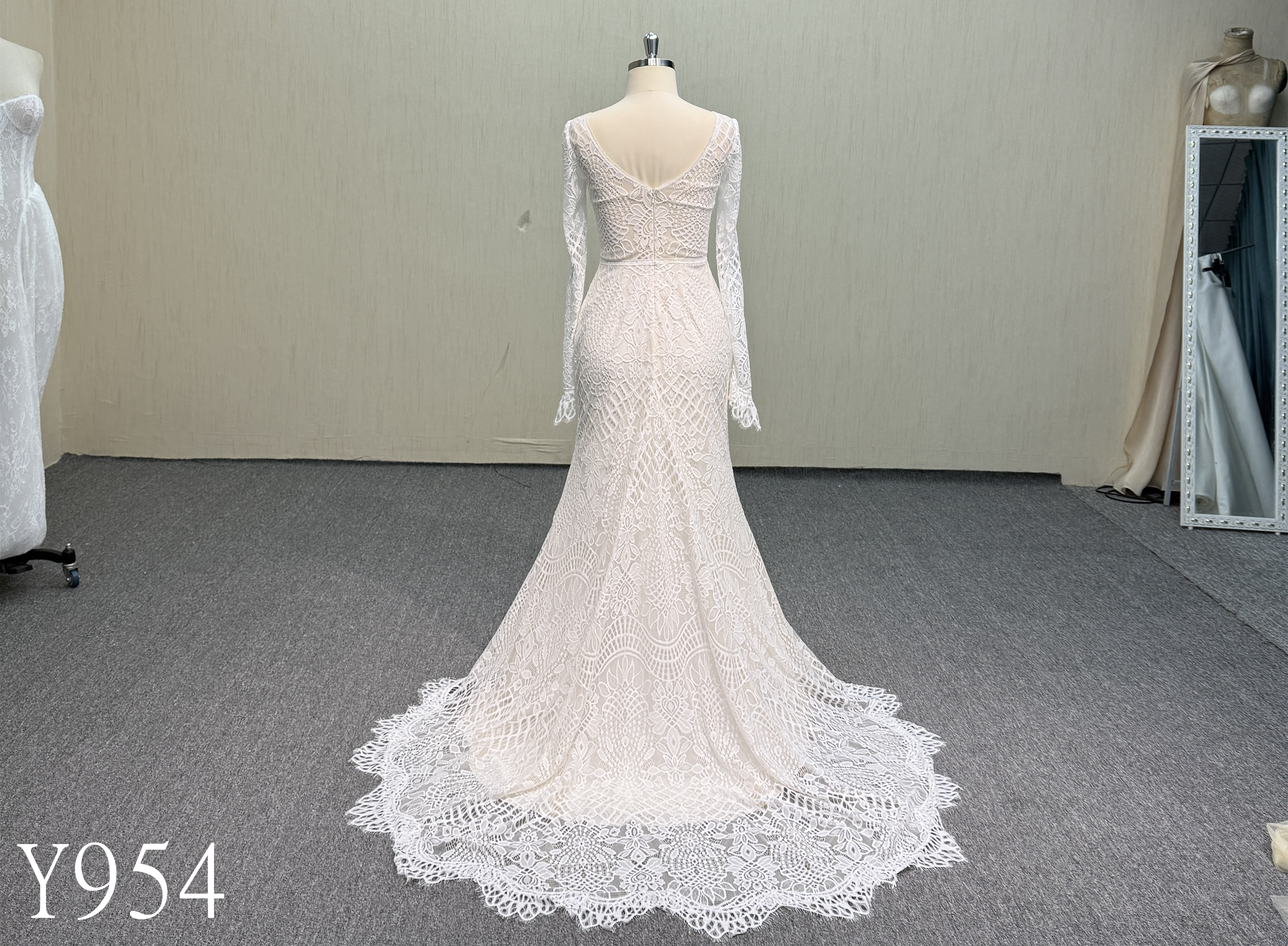 Y954 Bohemian V-Neck Wedding Dress with Sheer Long Sleeves, Allover Geometric Lace, Fit-and-Flare Silhouette and Scalloped Train