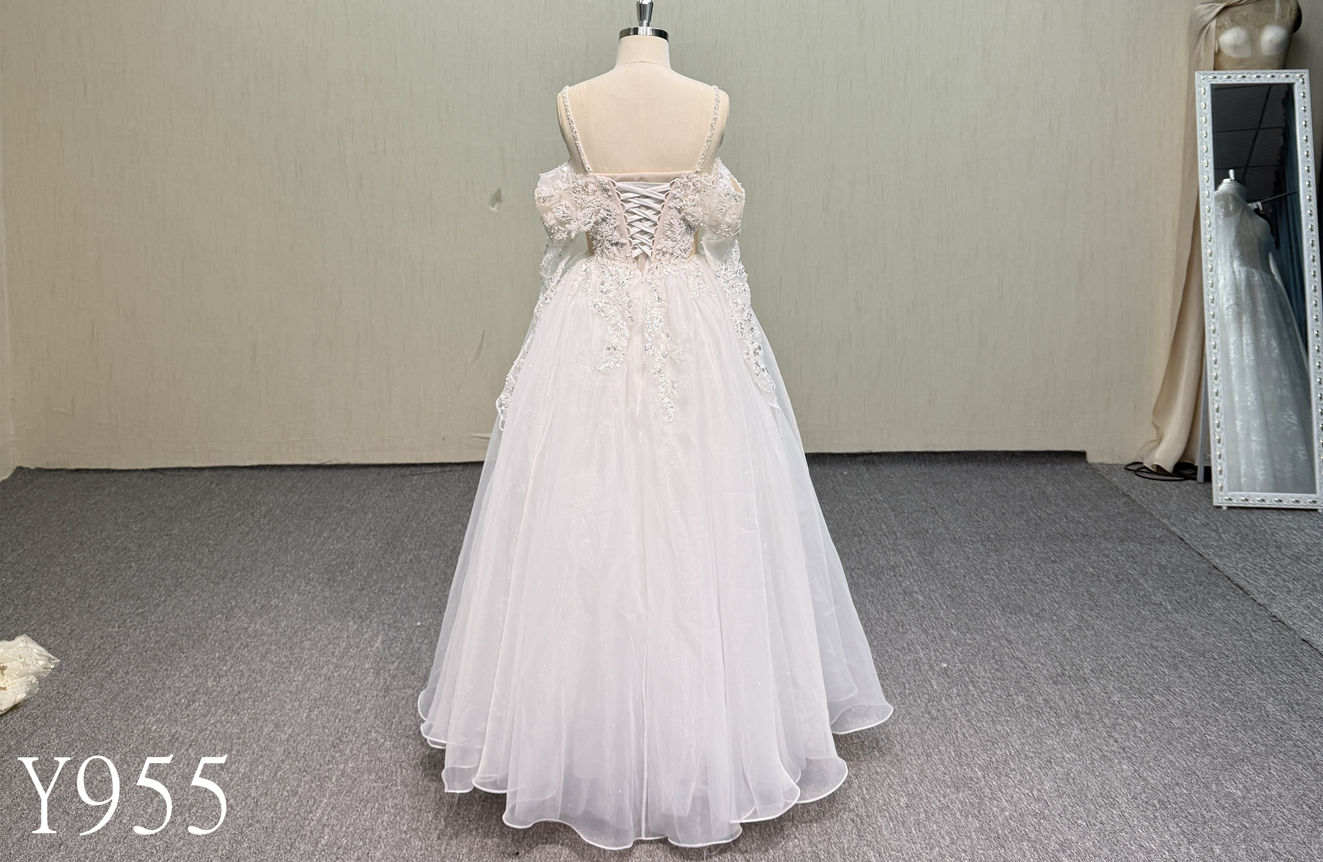 Y955 Hand-Beaded V-Neck Floor-Length Wedding Dress with Off-Shoulder Tulle Sleeves, Lace-Up Corset Back and Shimmer A-Line Skirt