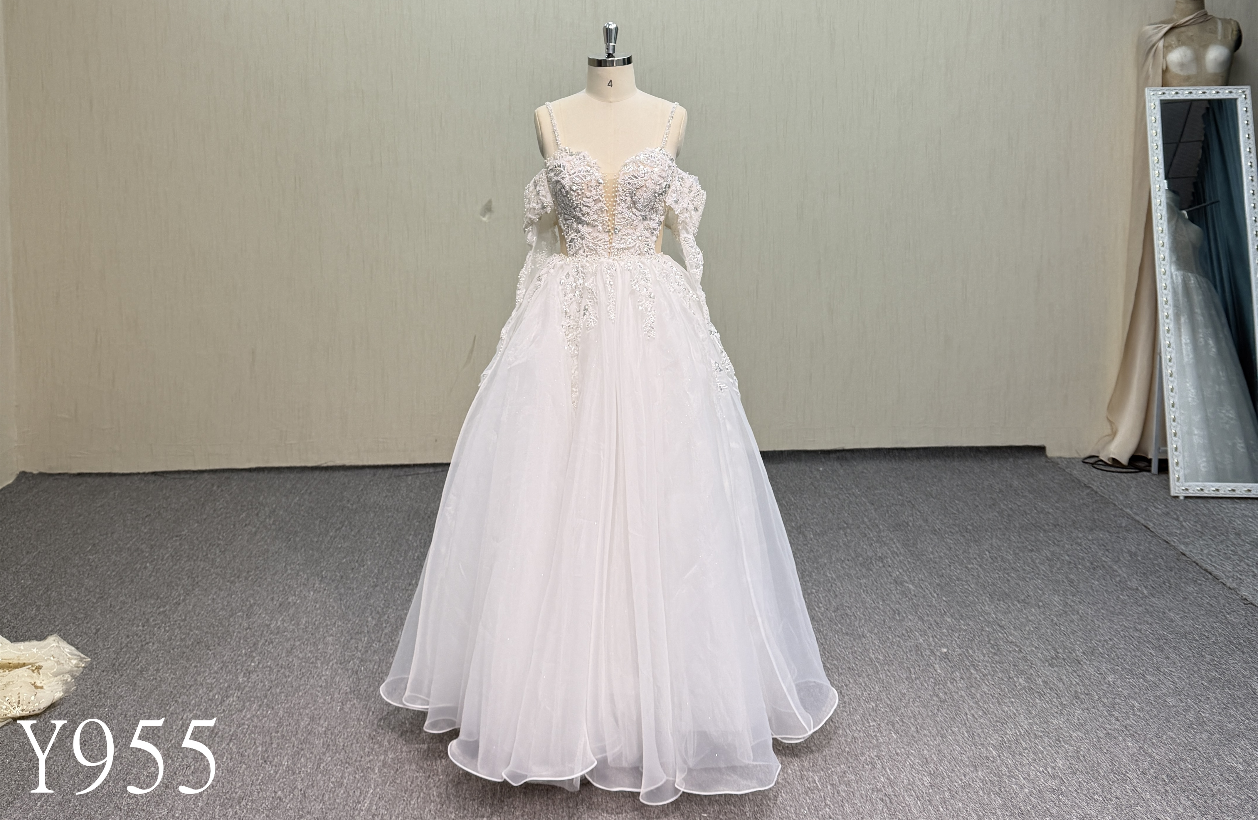 Y955 Hand-Beaded V-Neck Floor-Length Wedding Dress with Off-Shoulder Tulle Sleeves, Lace-Up Corset Back and Shimmer A-Line Skirt