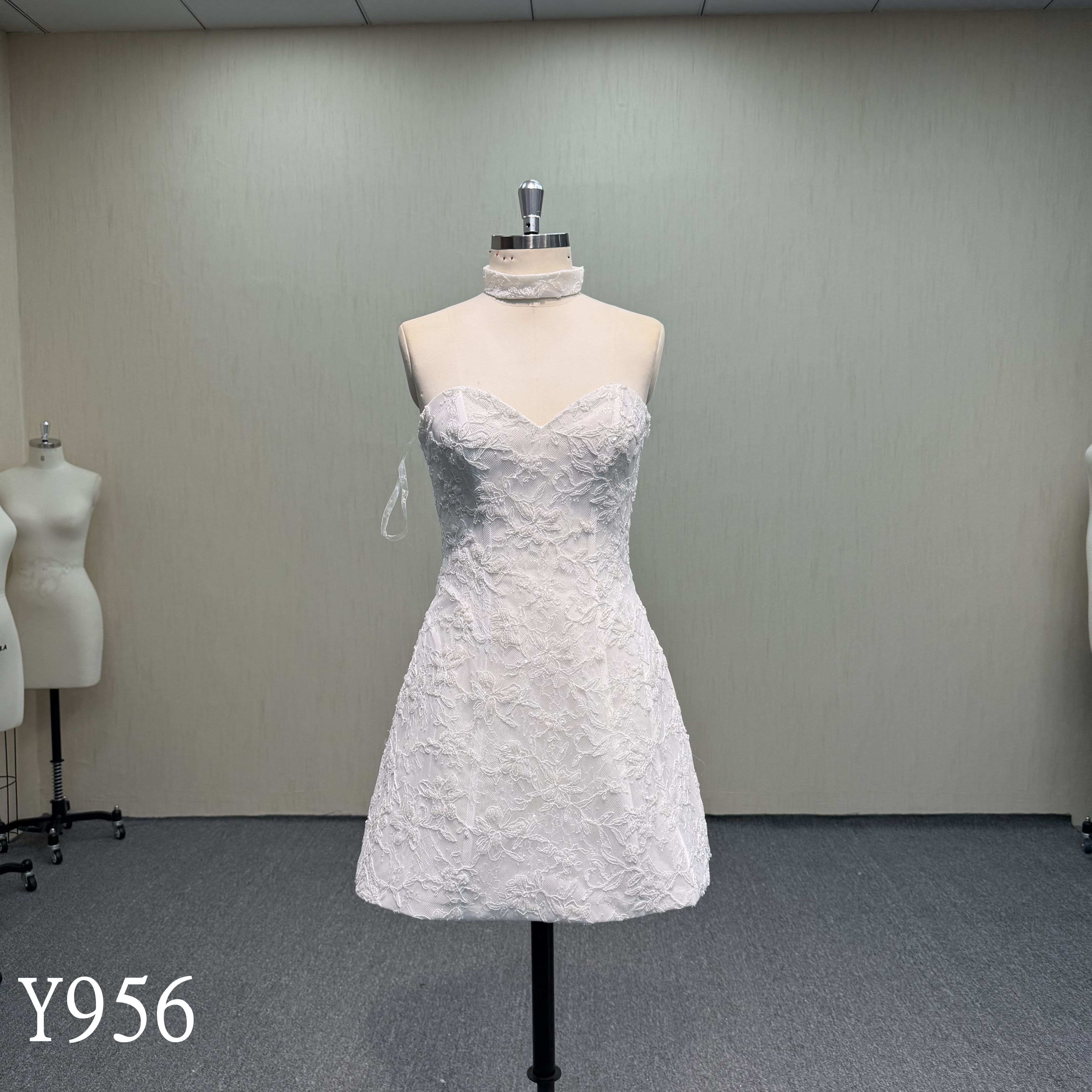 Y956 Strapless Mini Wedding Dress with Allover Floral Lace, Sweetheart Neckline, and Matching Lace Choker
