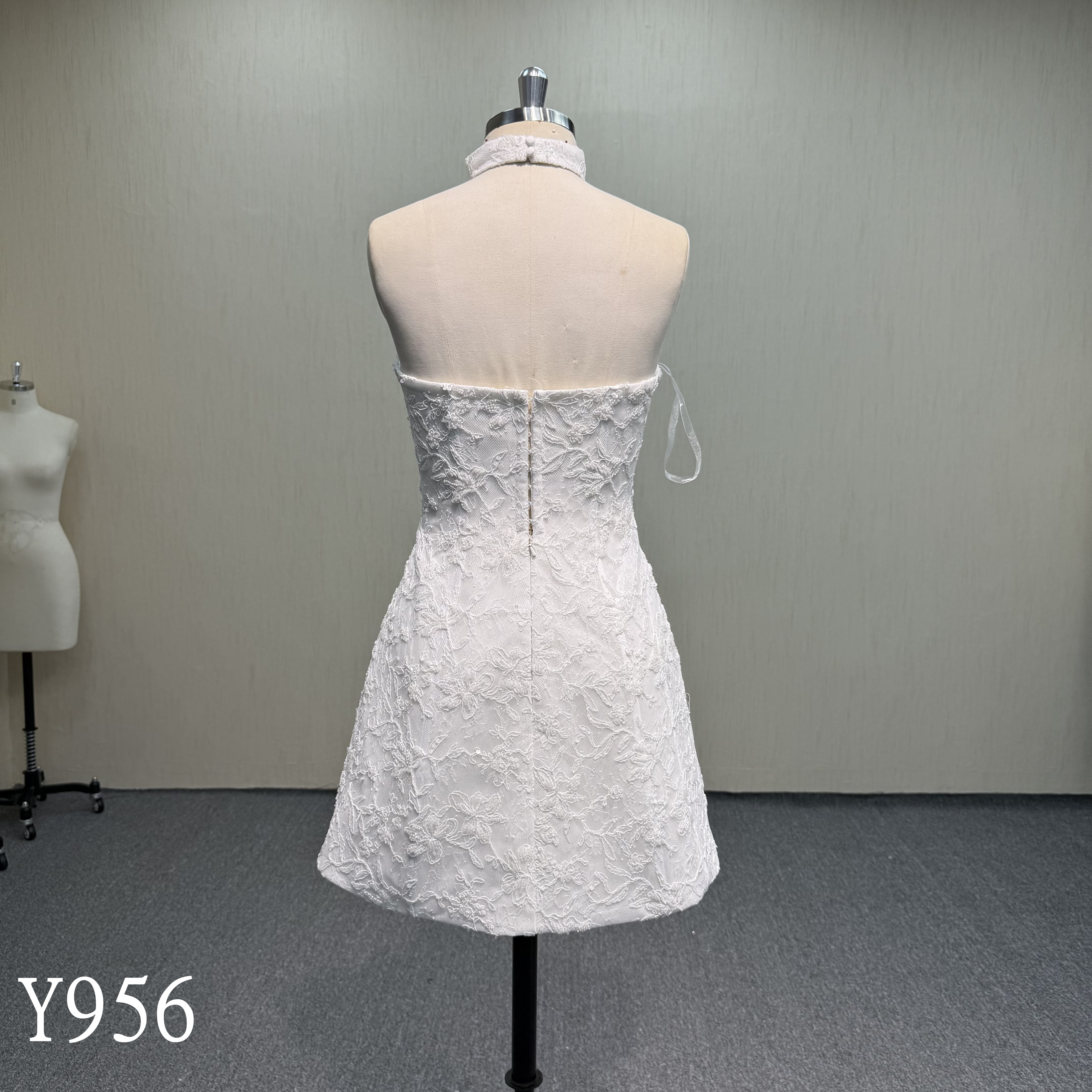 Y956 Strapless Mini Wedding Dress with Allover Floral Lace, Sweetheart Neckline, and Matching Lace Choker