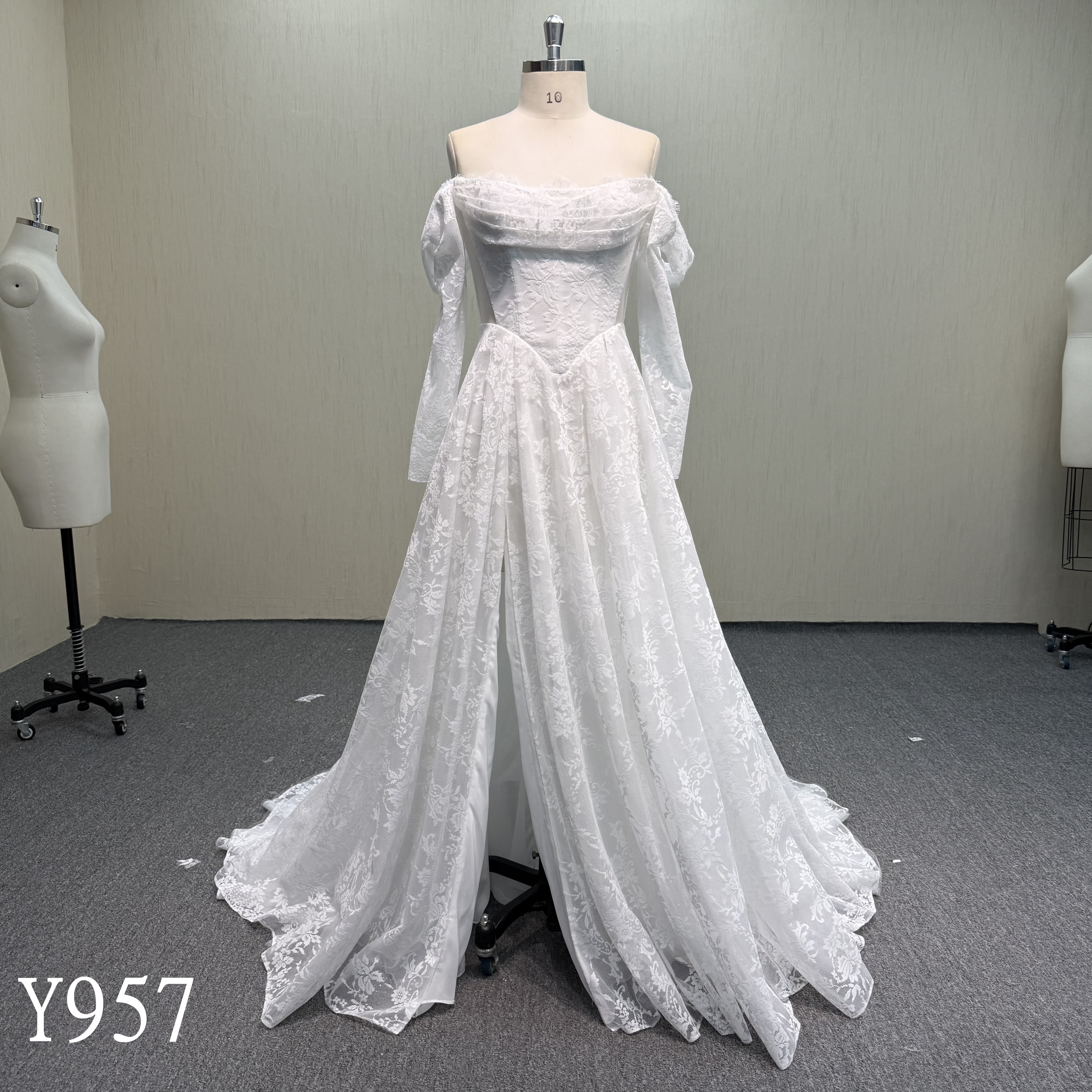 Y957 In-Stock Off-the-Shoulder Cowl Neck Lace Wedding Dress with Long Sleeves, V-Waistline, and High Front Slit