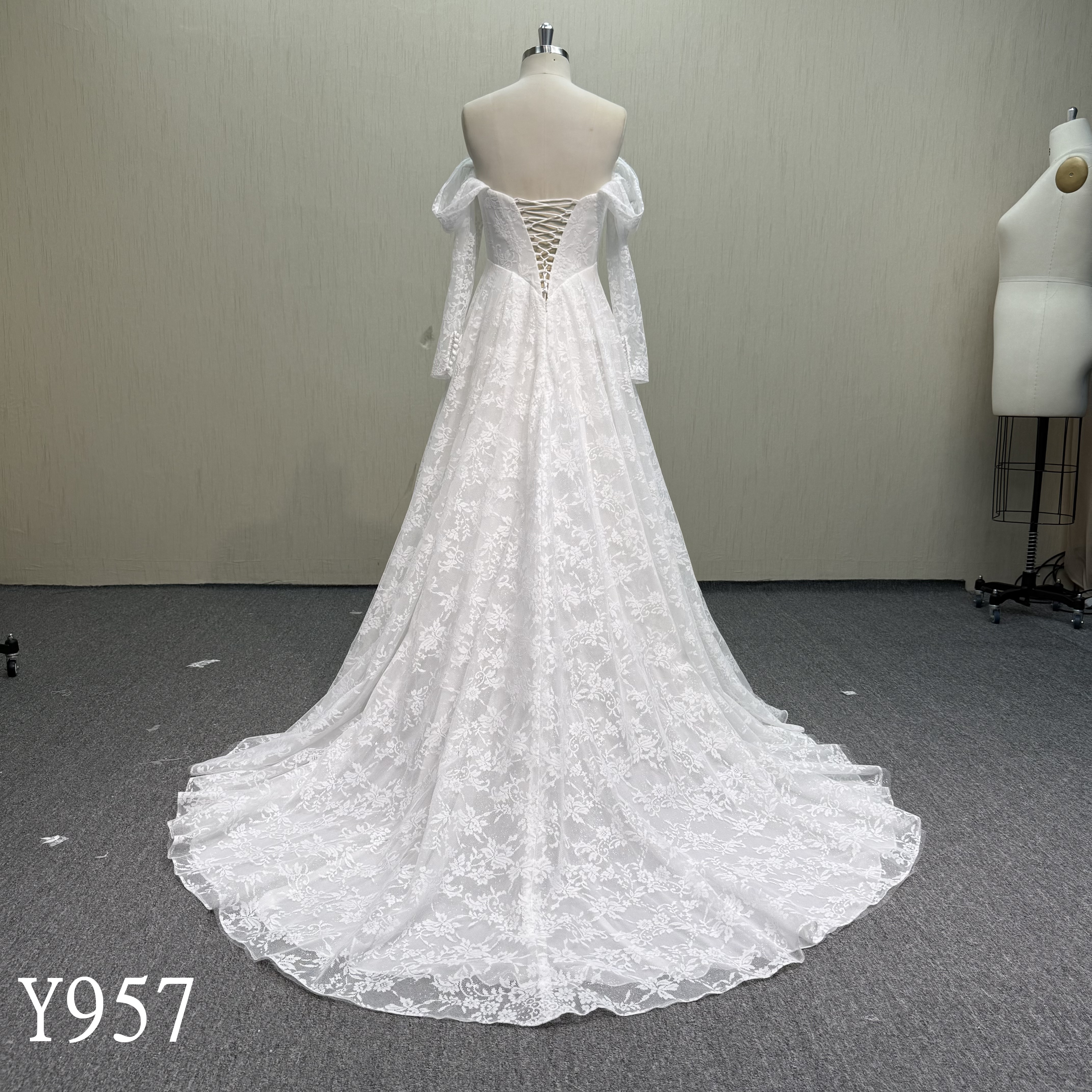 Y957 In-Stock Off-the-Shoulder Cowl Neck Lace Wedding Dress with Long Sleeves, V-Waistline, and High Front Slit