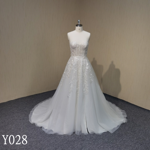 Y028 Strapless A-line Slit Sequined Bridal Wedding Dresses