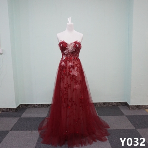 Y032 A-line Plunge Evening Gowns Red Bridesmaid Dresses