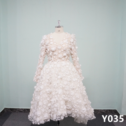 Y035 V-neck A-line Floral Long Sleeve Short Bridal Gowns