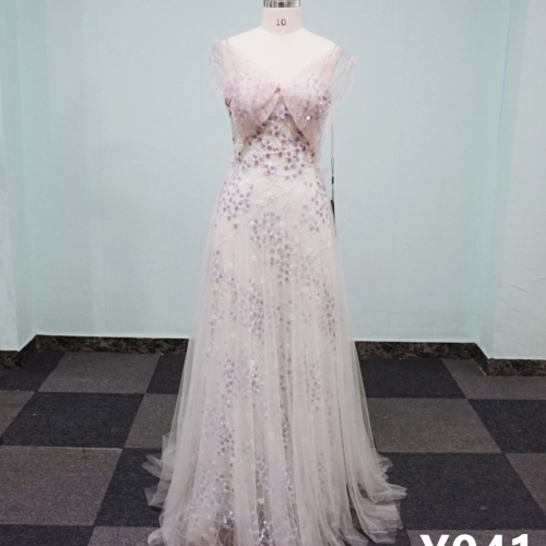 Y041 A-line Gown Light Purple Lace Spaghetti Strap Evening Gowns