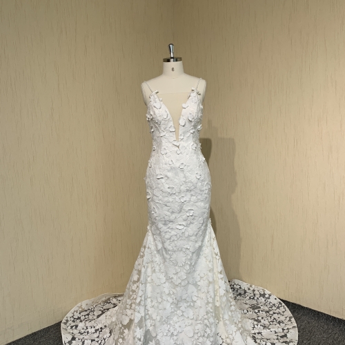 Y055 Cubic Flower Beaded Deep V Neck Mermaid Wedding Dress