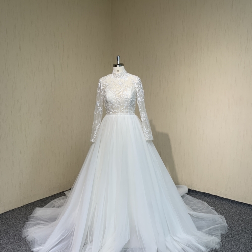 Y056 A-line Long Sleeve High Neck Lace See-Through Wedding Dresses