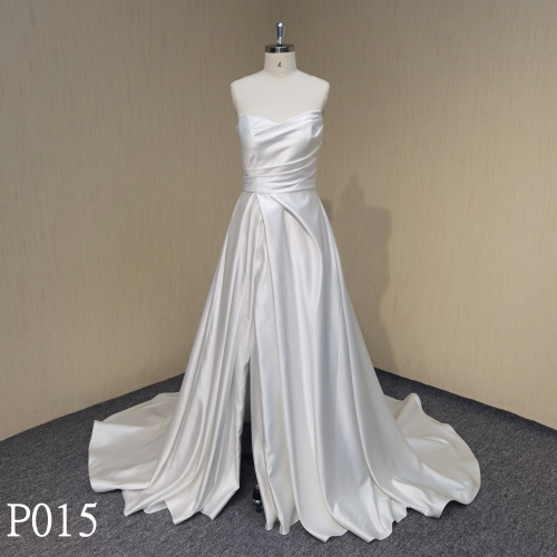 P015 Strapless Pleated A-Line Wedding Dress with Slit Wedding Dress
