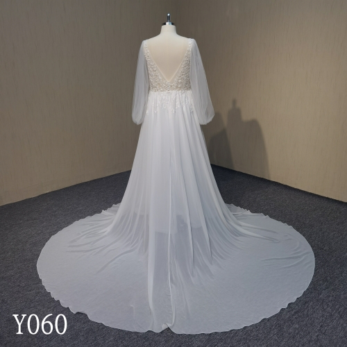 Y060 Long Sleeve V-Neck Chiffon A-Line Bridal Wedding Dresses