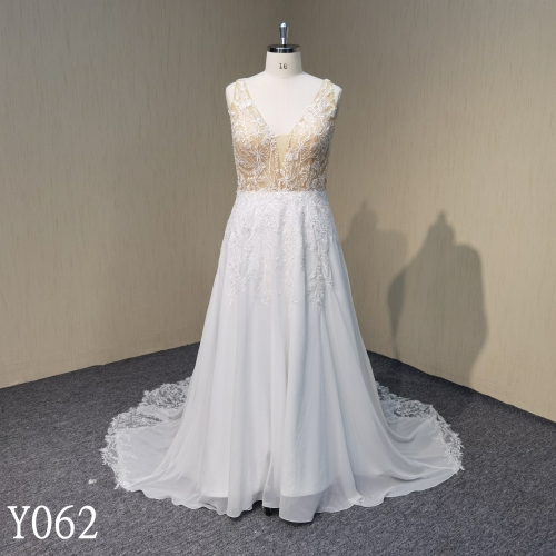 Y062 Sleeveless Lace Applique V-Neck Chiffon A-Line Bridal Gowns