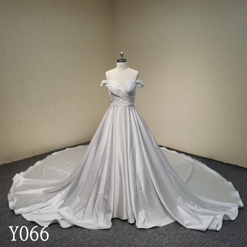 Y066 Satin Strapless Pleated A-Line Wedding Dress Chapel Trailer