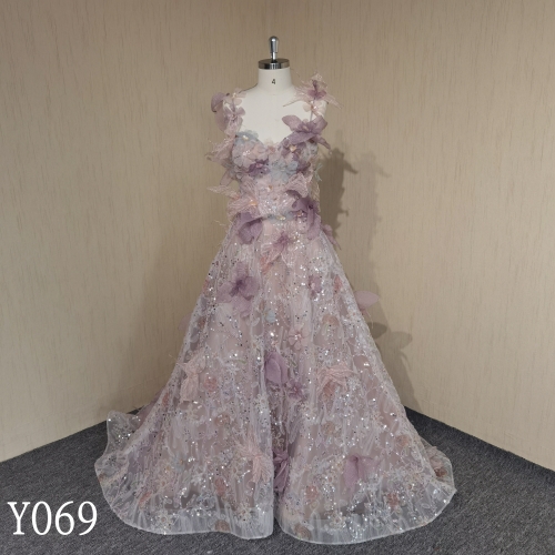 Y069 A Beaded 3D Floral Spaghetti Strap Evening Dress