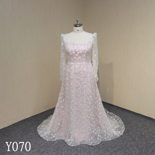 Y070 A-line Beaded Floral Long Sleeve Wedding Dress