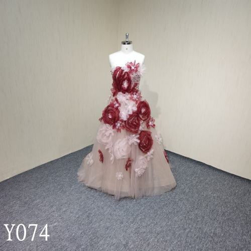 Y074 Strapless A-line 3D Floral Beaded Evening Dress