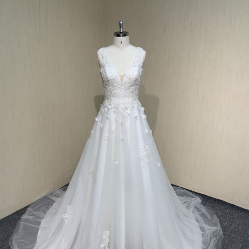 Y076 V-neck sleeveless A-line lace floral wedding dress